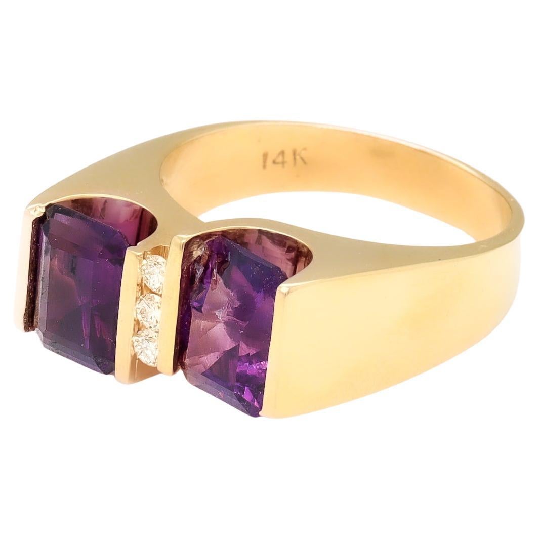 Modernist 14K Gold, 3.3 TCW Two-Stone Amethyst, & Diamond Cocktail Ring For Sale