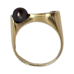 Modernist 14K Gold Black Pearl & Diamond Sculpture Ring