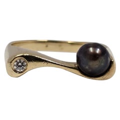 Modernist 14K Gold Black Pearl & Diamond Sculpture Ring