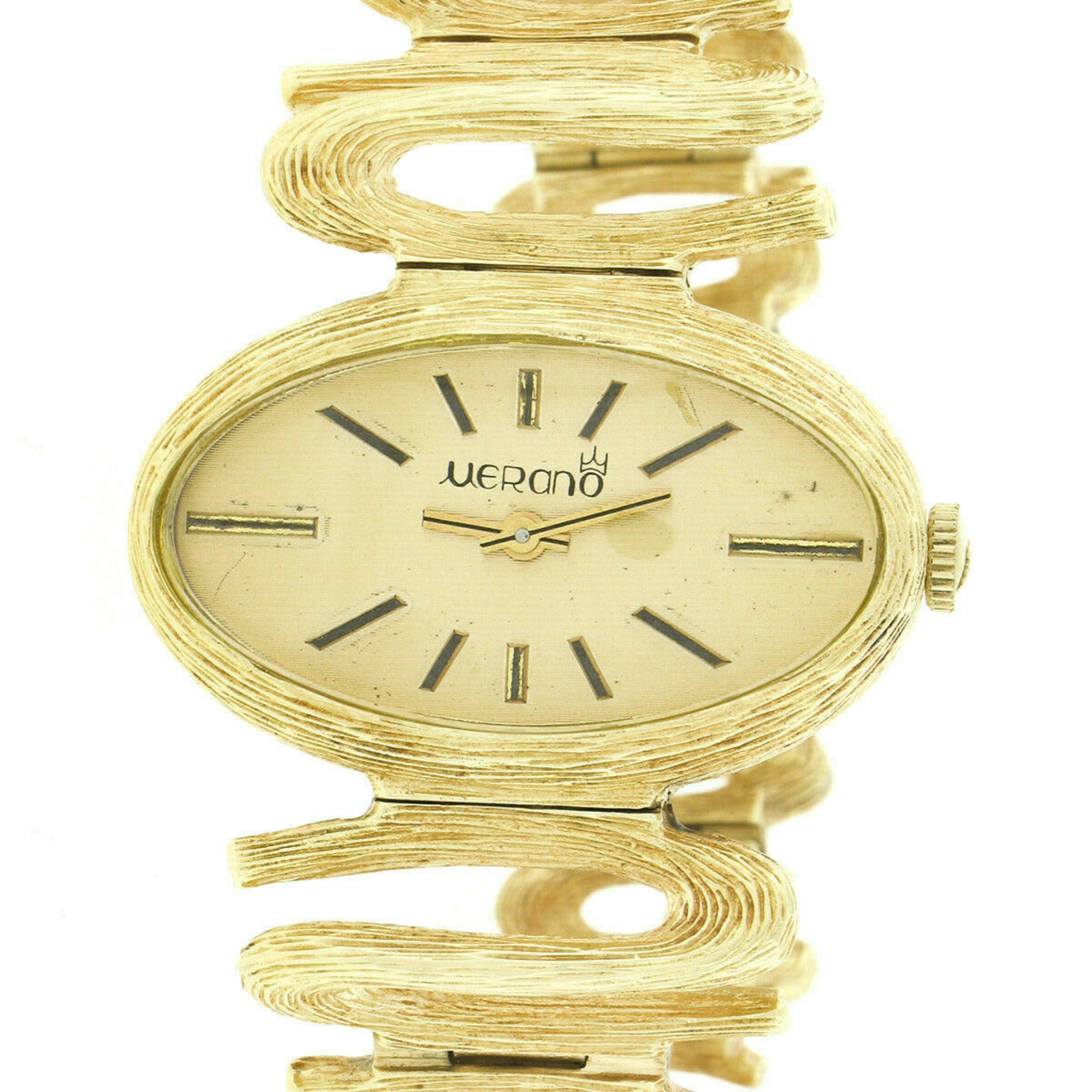 Modernistische 14K Gold Merano Mechanisches ovales strukturiertes Wirbel-Armbanduhrarmband im Zustand „Hervorragend“ in Montclair, NJ
