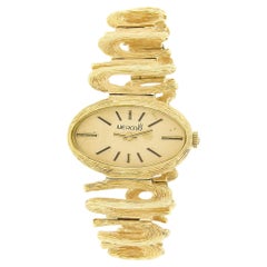 Modernist 14K Gold Merano Mechanical Oval Textured Swirl Wrist Watch Bracelet