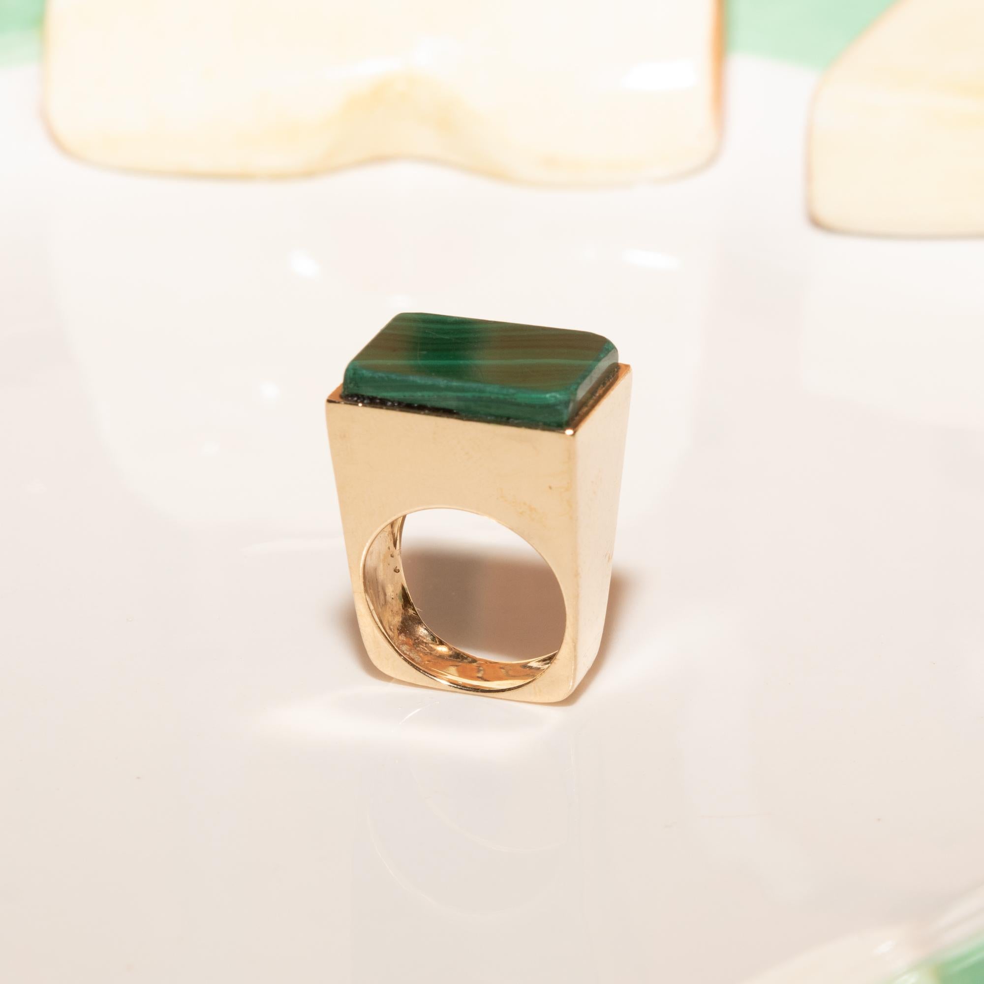 Modernist 14K Malachite Tall Square Ring For Sale 2