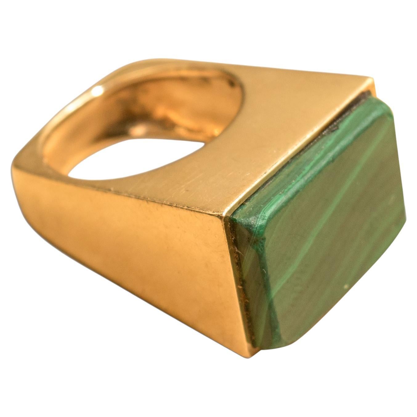 Modernist 14K Malachite Tall Square Ring For Sale