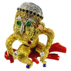 Modernist 14K Monkey On a Coral Tree Branch Smoking in Yellow Gold