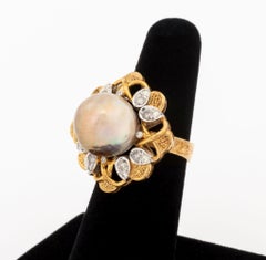 Modernist 14K Two-Tone Gold, Diamond, and Golden Pearl Cocktail Ring