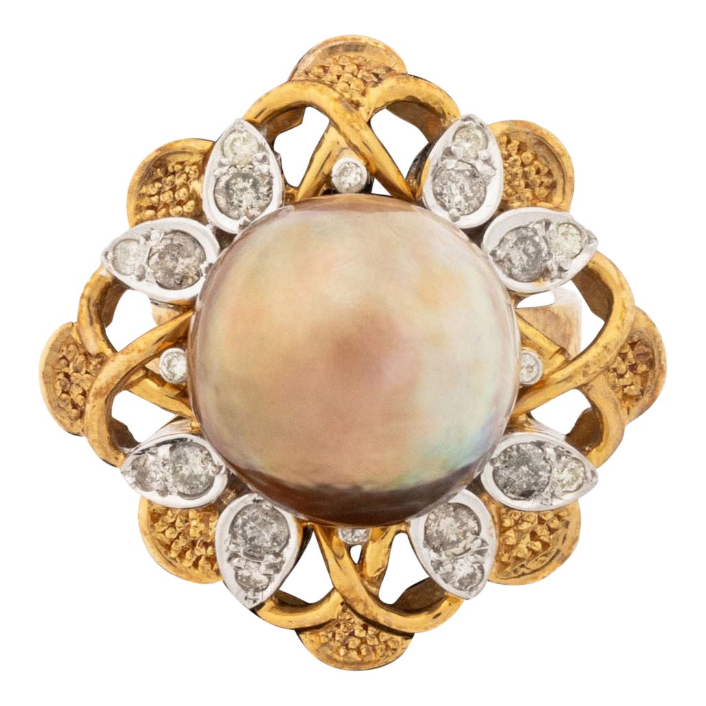 Modernist 14K Two-Tone Gold, Diamond, and Golden Pearl Cocktail Ring For Sale