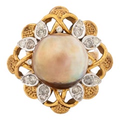 Modernist 14K Two-Tone Gold, Diamond, and Golden Pearl Cocktail Ring