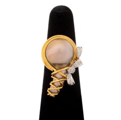 Modernist 14K Two-Tone Gold Diamond Baroque Pearl Ring