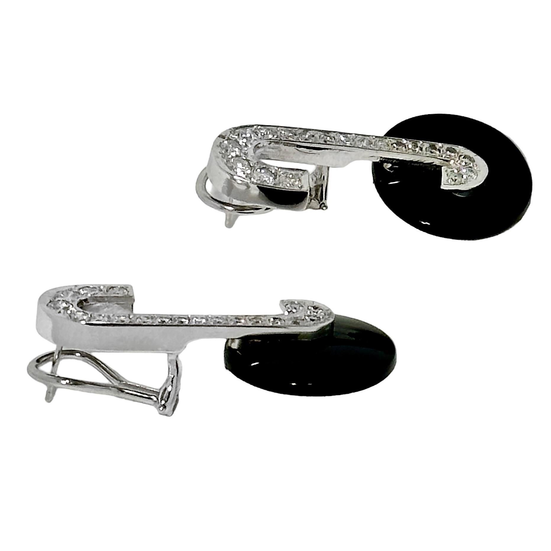Modernist 14k White Gold, Onyx and Diamond Earrings In Good Condition For Sale In Palm Beach, FL