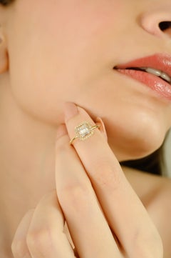 Modernist 14K Yellow Gold Baguette Diamonds Halo Engagement Ring Fine Jewelry