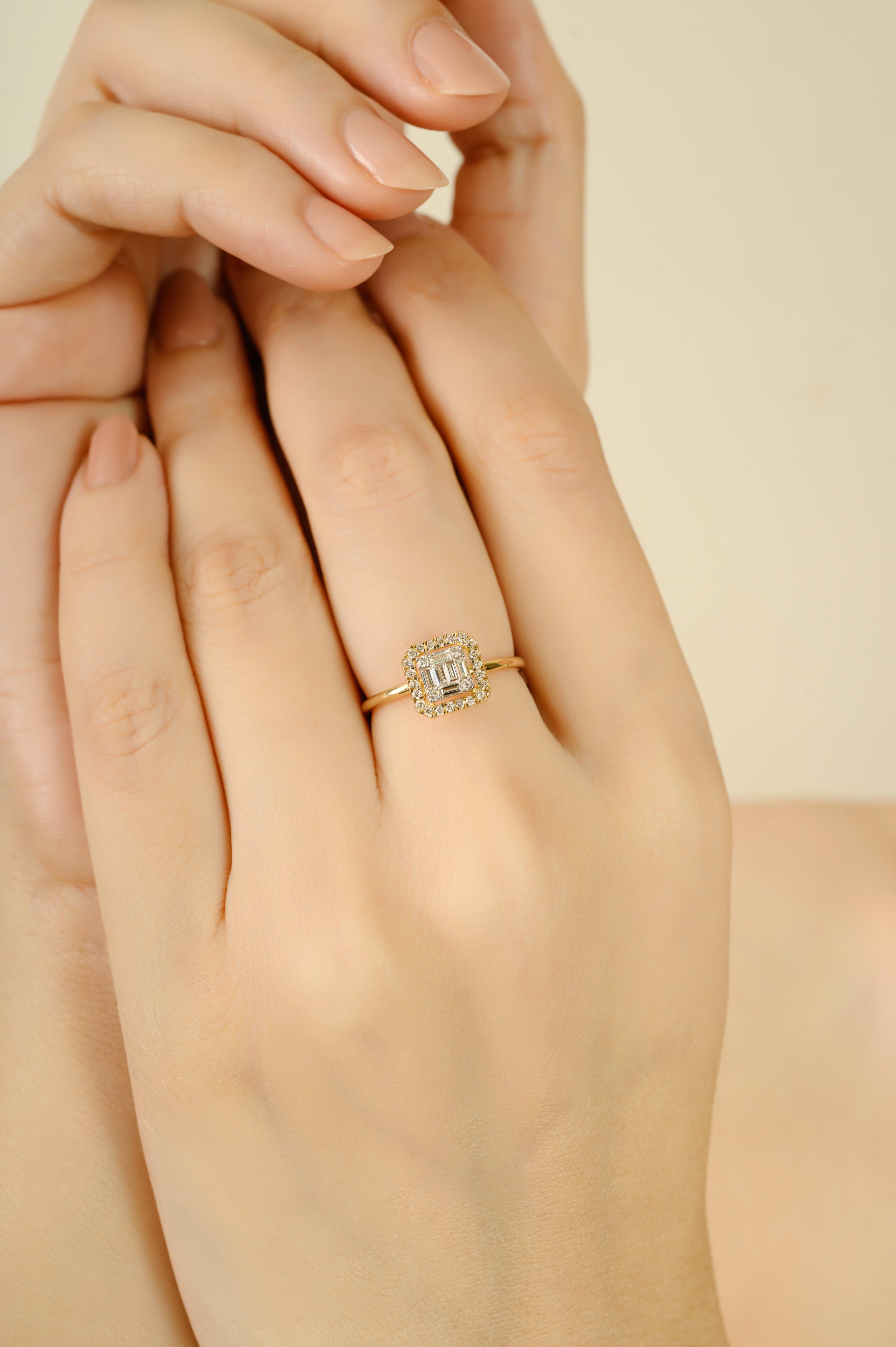 En vente :  Bague de fiançailles halo en or jaune 14 carats avec diamants baguettes Moderniste 4