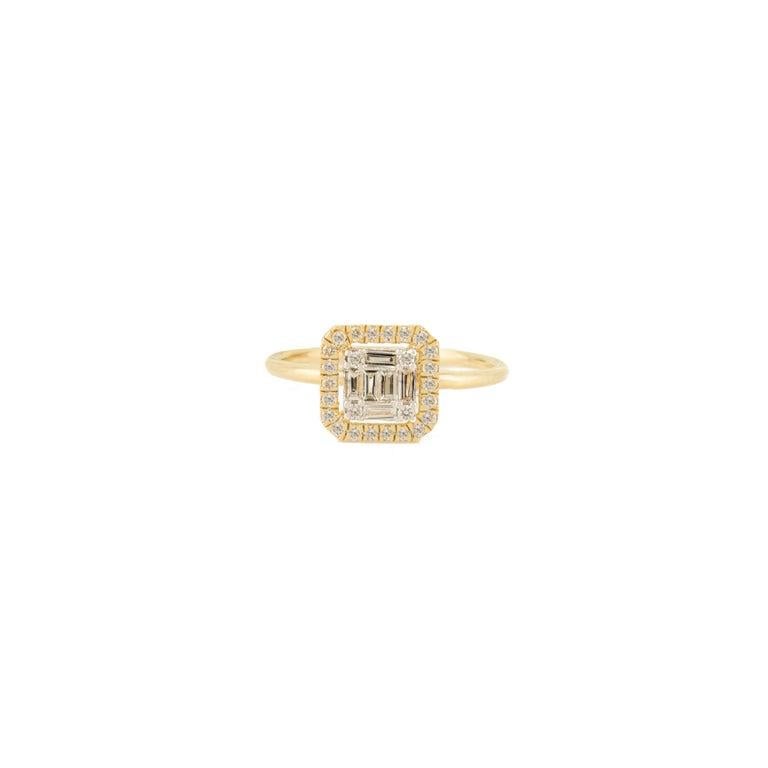 En vente :  Bague de fiançailles halo en or jaune 14 carats avec diamants baguettes Moderniste 5