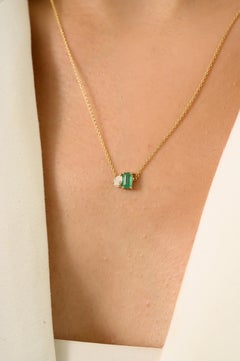 Modernist 14K Yellow Gold Octagon Cut Emerald & Pear Diamond Pendant Necklace