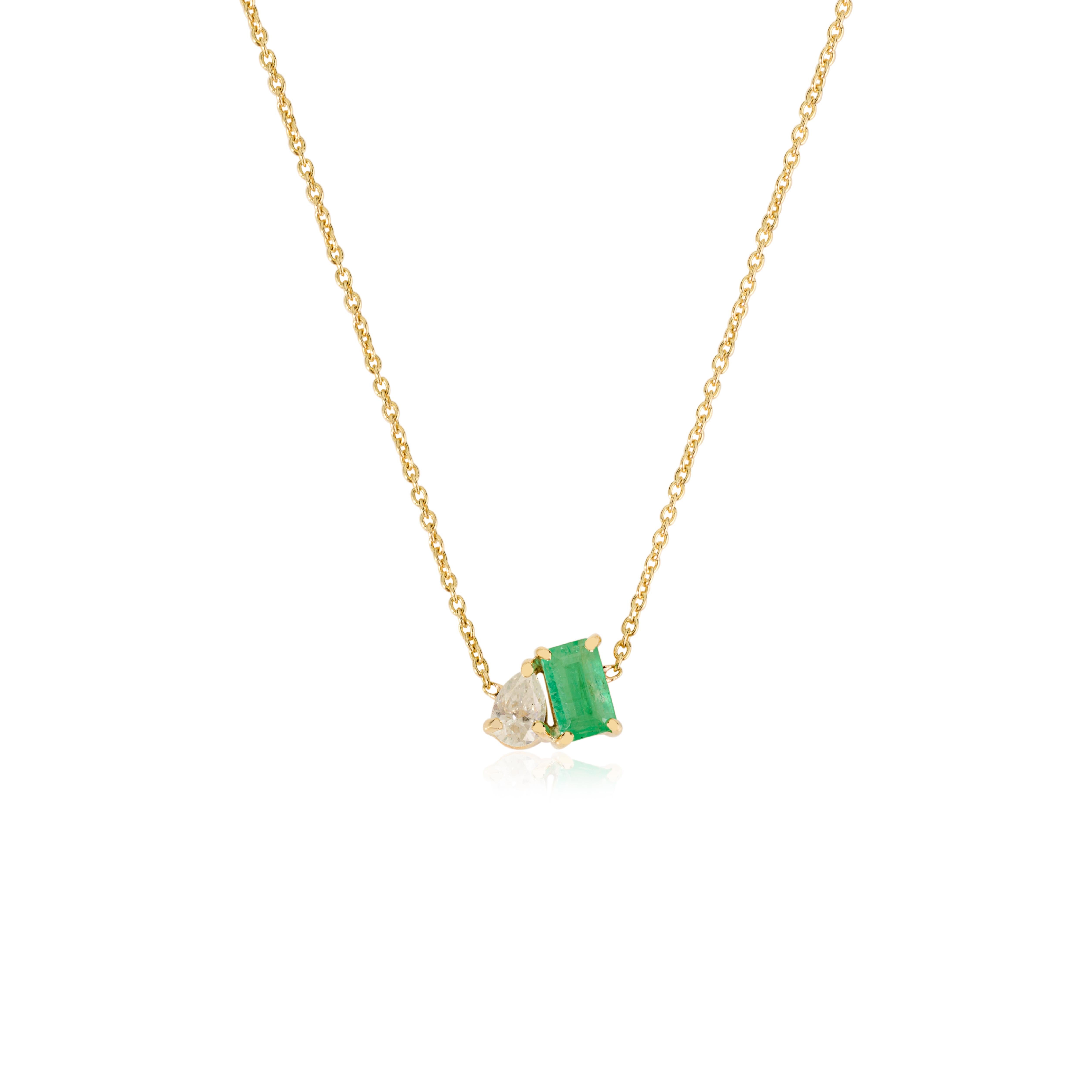 Modernist 14K Yellow Gold Octagon Cut Emerald & Pear Diamond Pendant Necklace For Sale 1