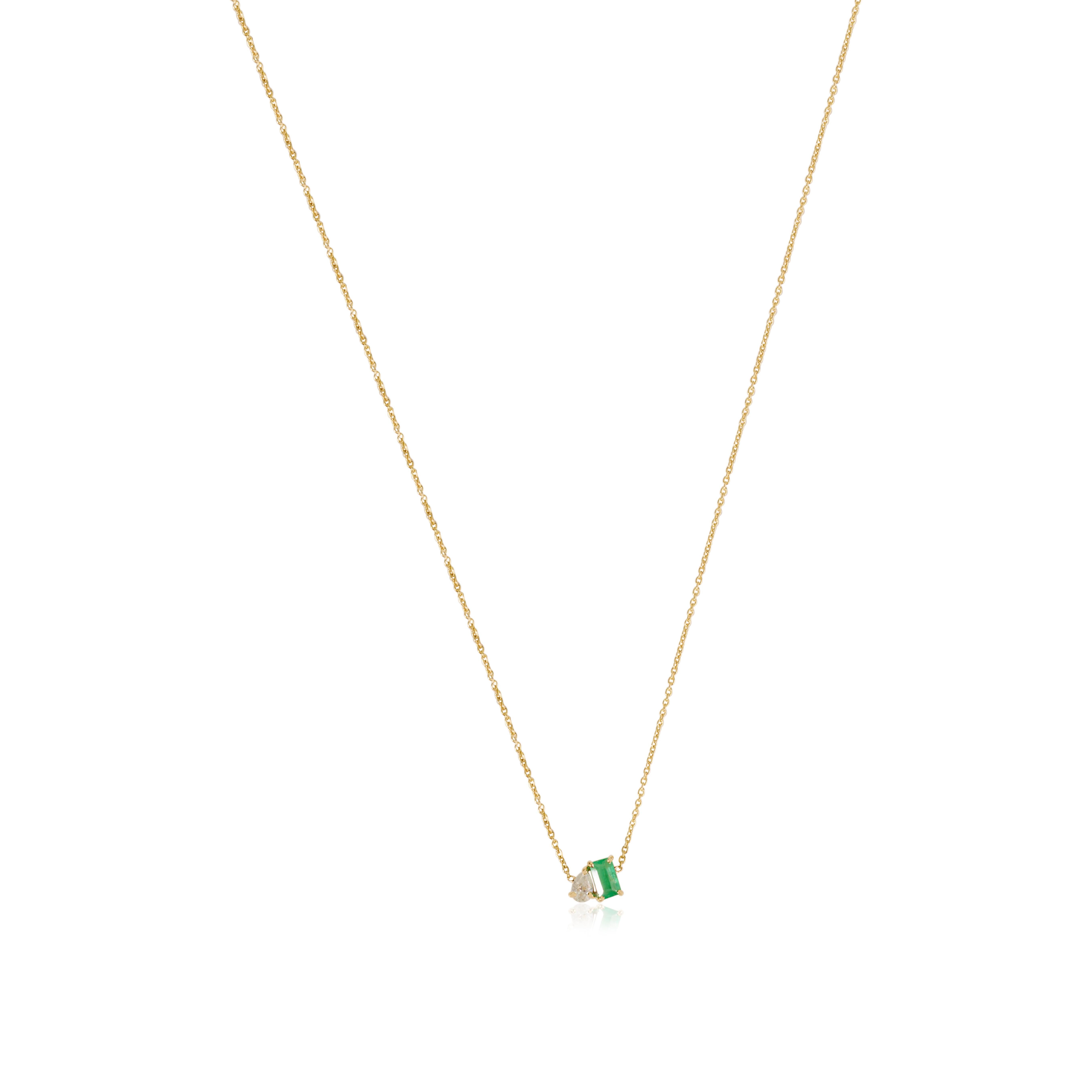 Modernist 14K Yellow Gold Octagon Cut Emerald & Pear Diamond Pendant Necklace For Sale 3