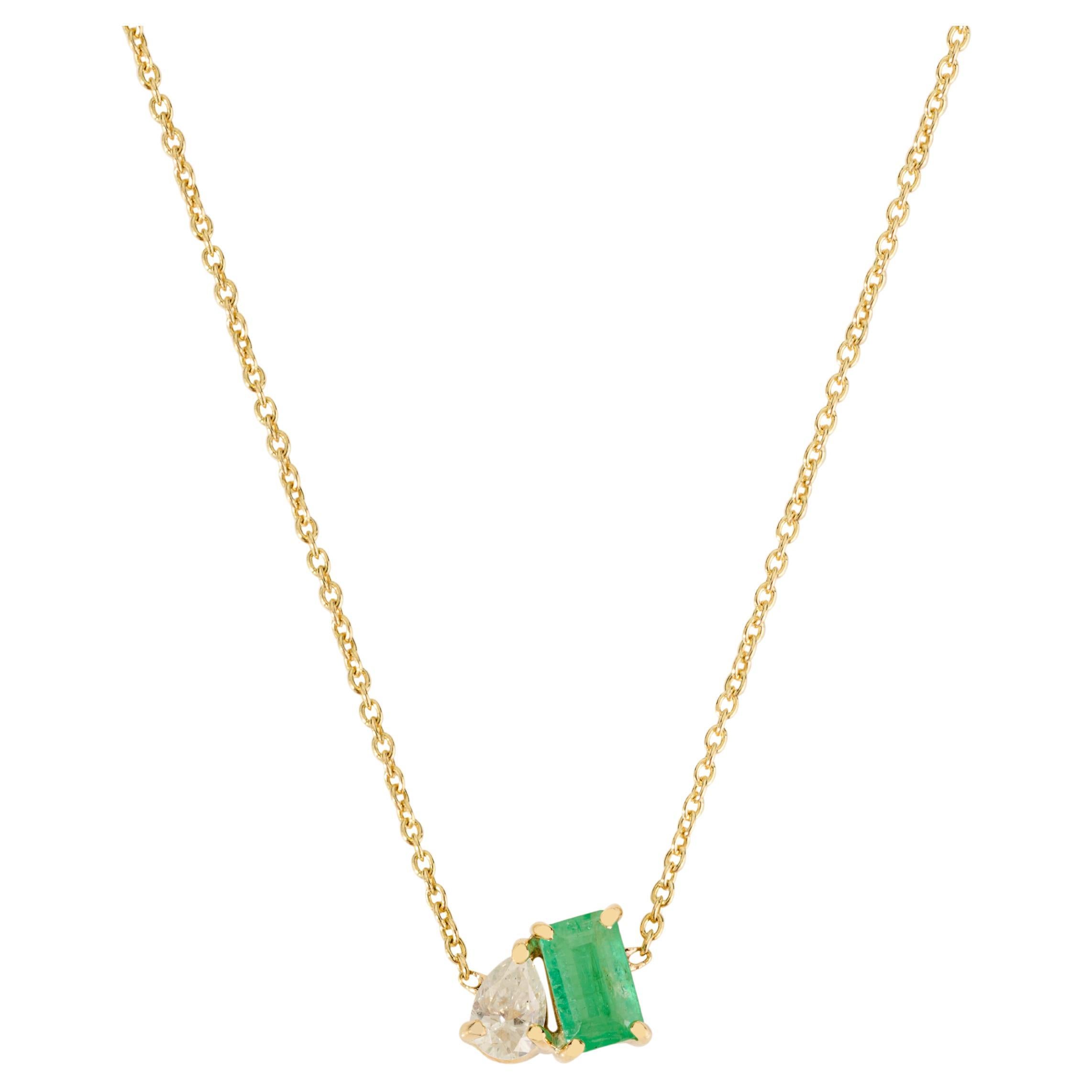 Modernist 14K Yellow Gold Octagon Cut Emerald & Pear Diamond Pendant Necklace For Sale