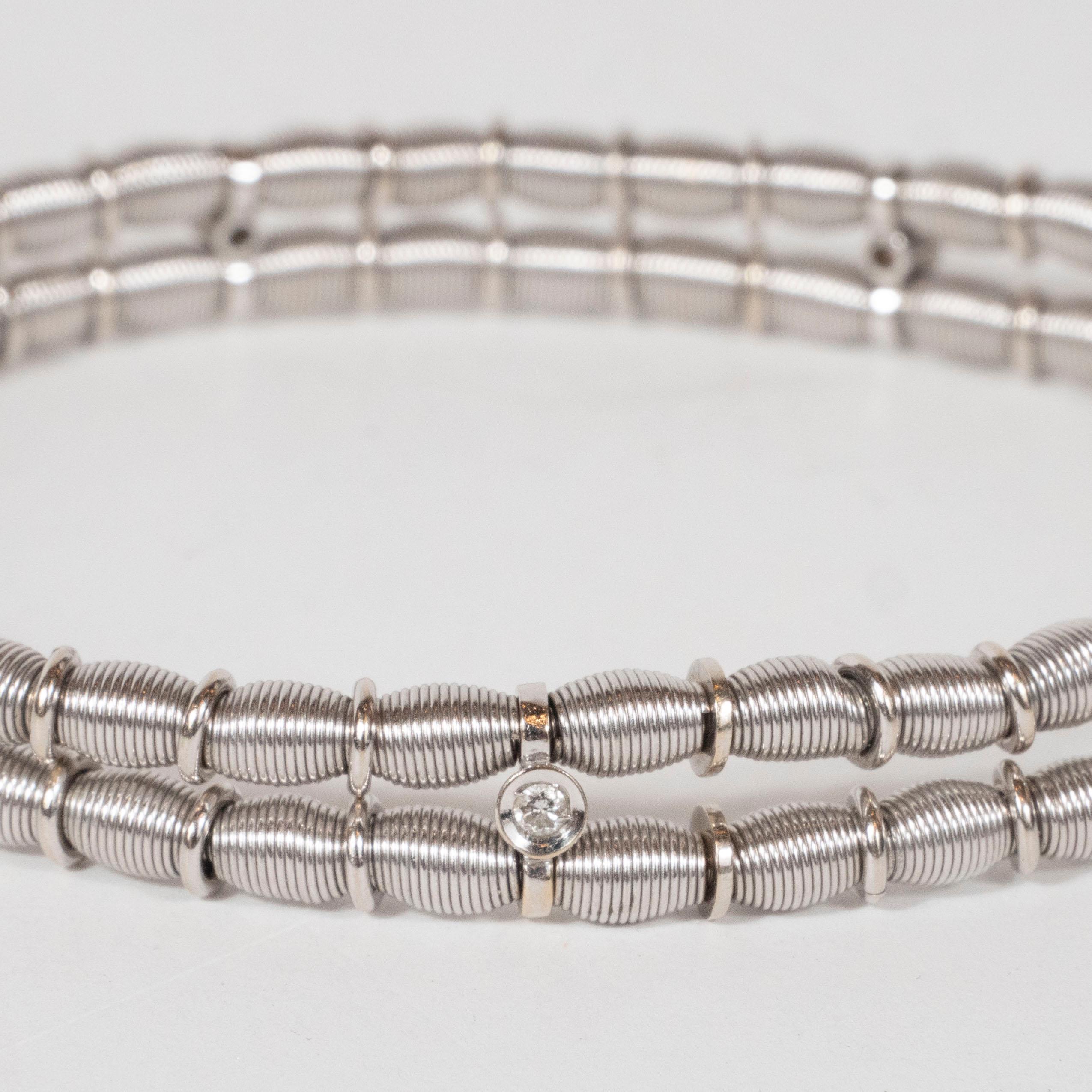 Women's or Men's Modernist 14 Karat White Gold Two-Strand Link Bracelet with White Diamonds