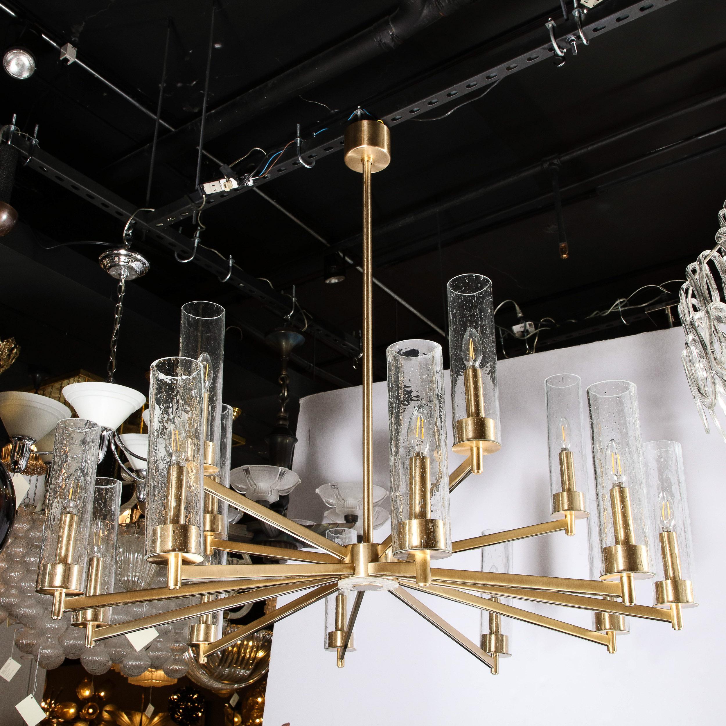 Modernist 15 Arm Chandelier in Brushed Brass & Transparent Cylindrical Shades For Sale 5