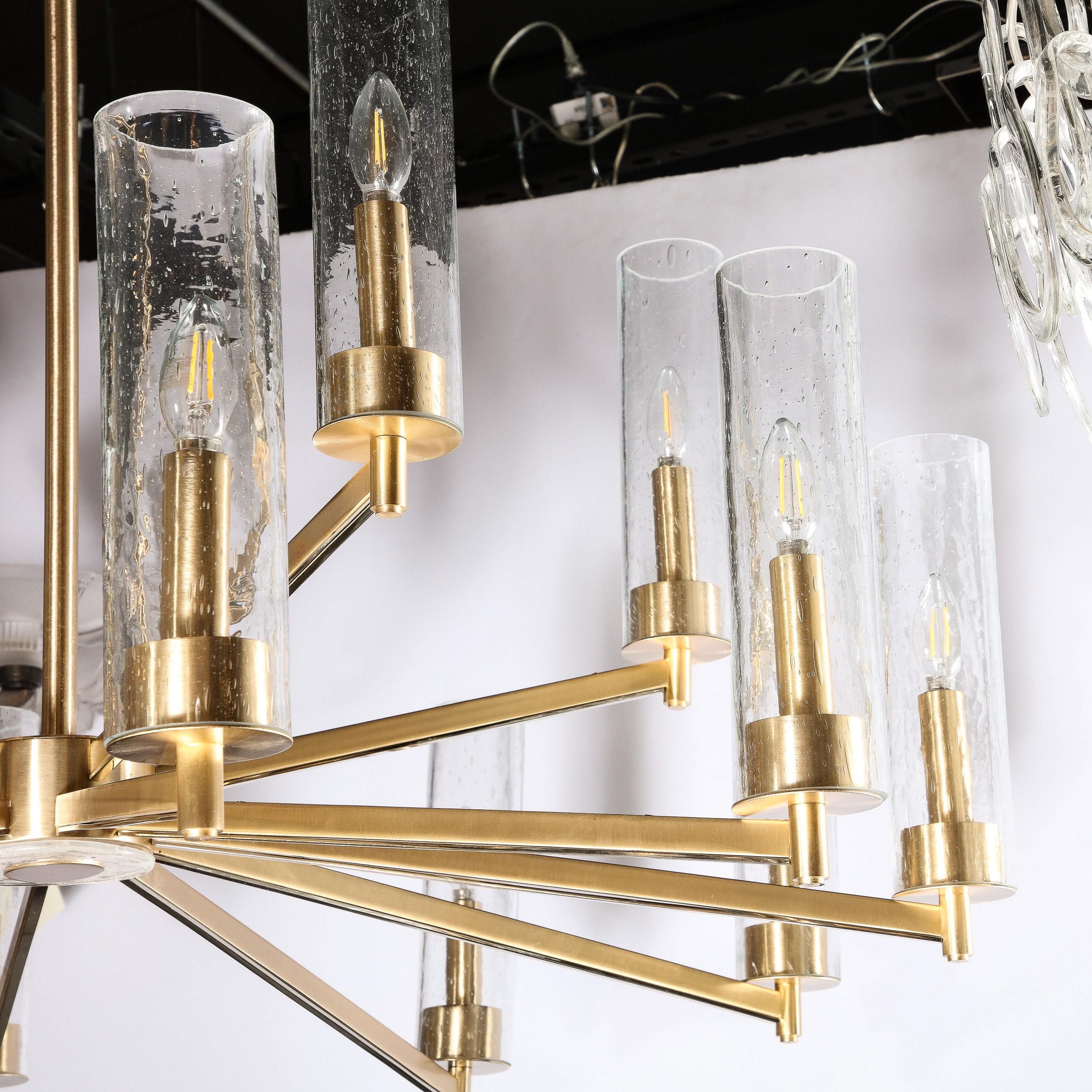 Modernist 15 Arm Chandelier in Brushed Brass & Transparent Cylindrical Shades For Sale 6