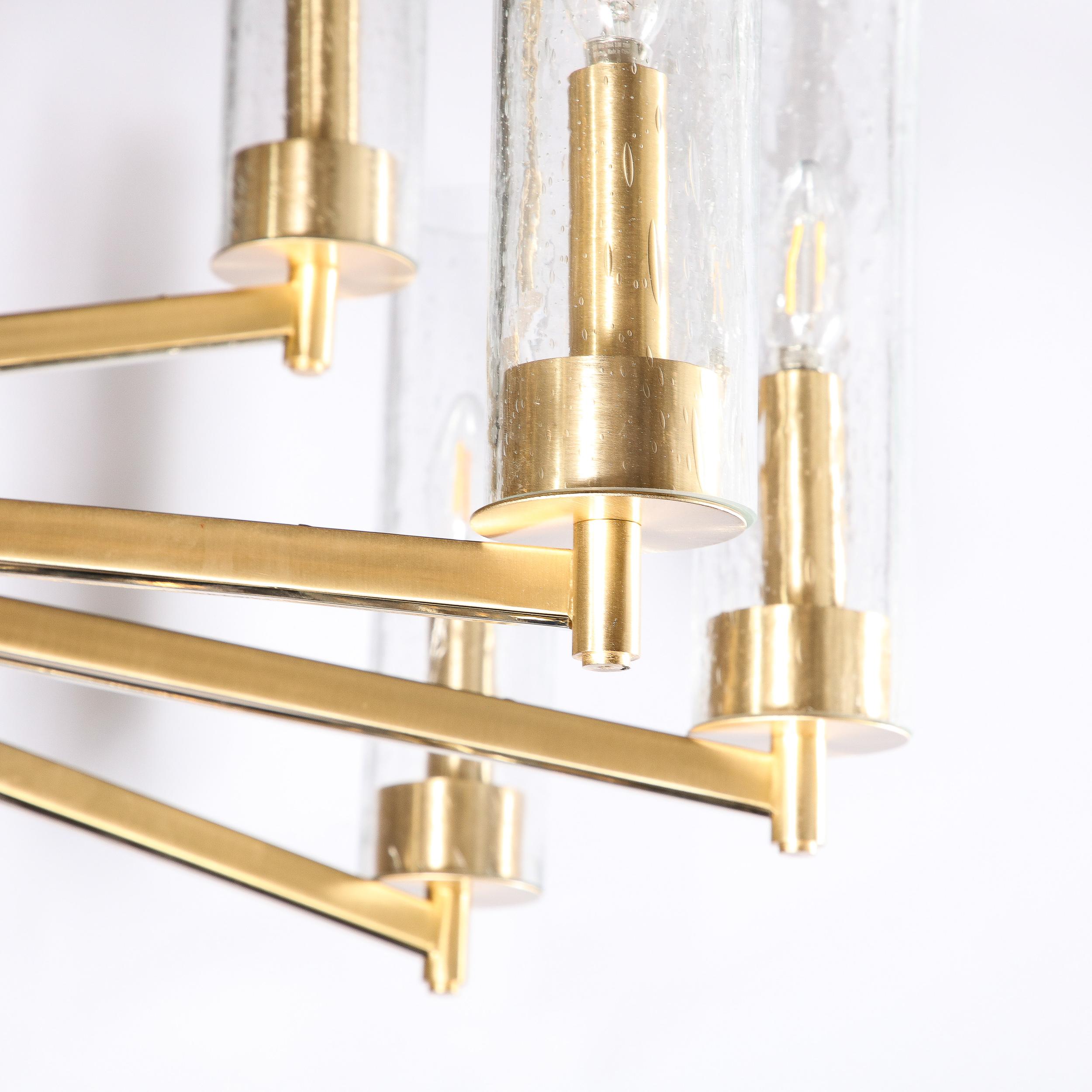 Modernist 15 Arm Chandelier in Brushed Brass & Transparent Cylindrical Shades For Sale 7