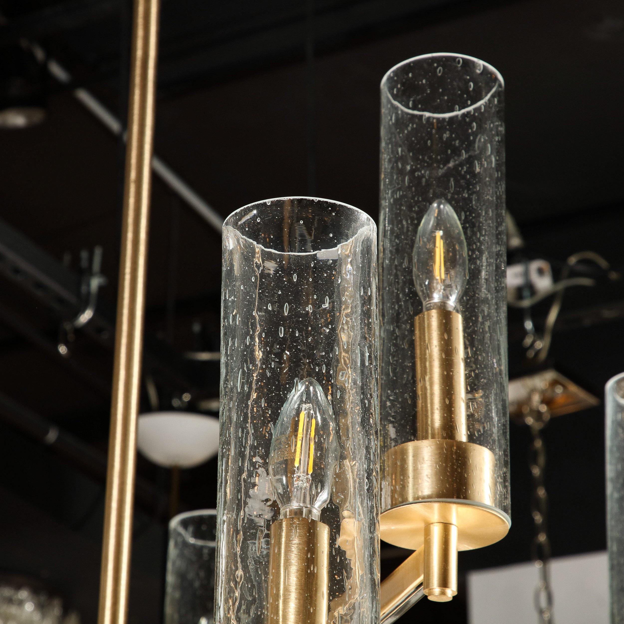 Modernist 15 Arm Chandelier in Brushed Brass & Transparent Cylindrical Shades For Sale 8