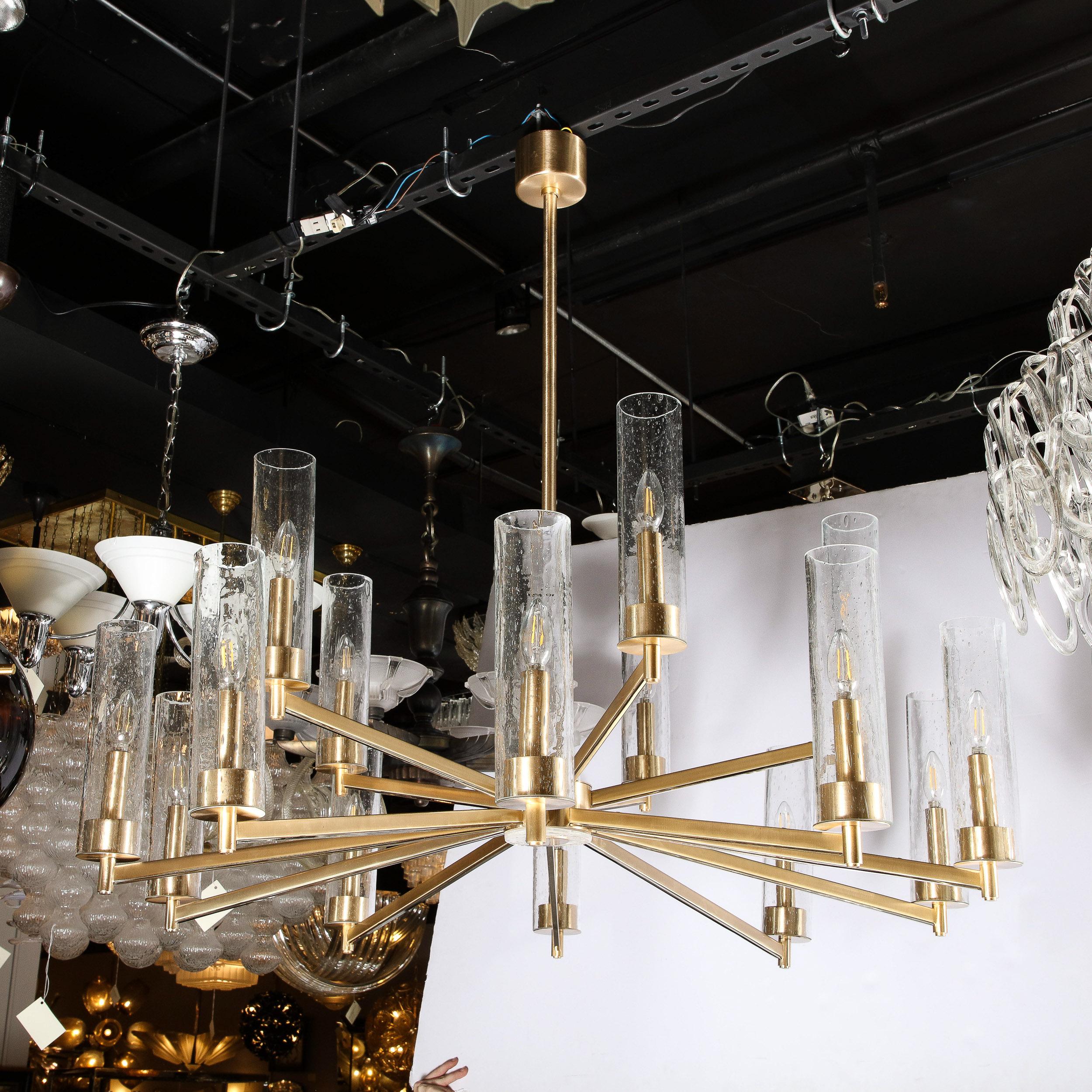 Modernist 15 Arm Chandelier in Brushed Brass & Transparent Cylindrical Shades In Excellent Condition For Sale In New York, NY