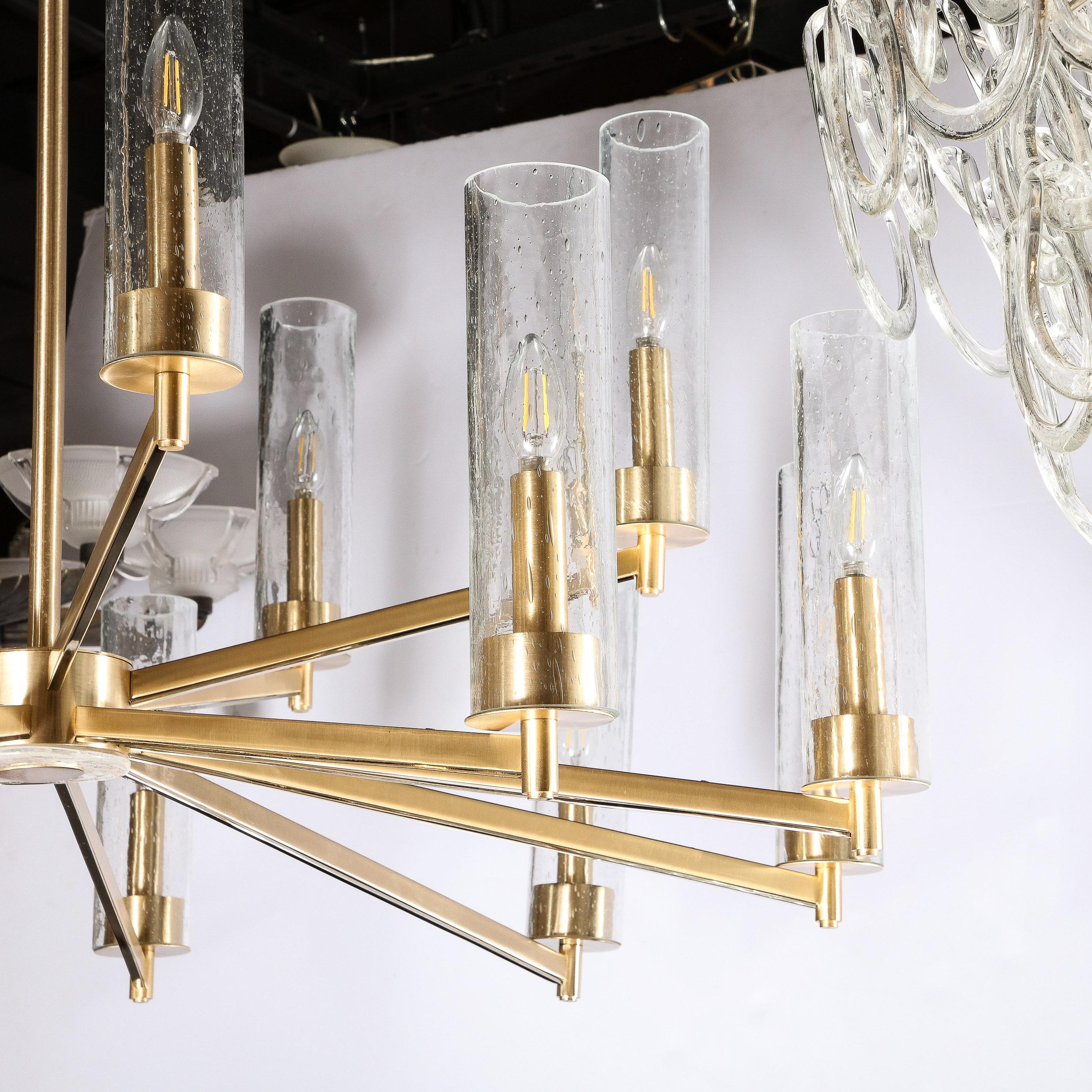 20th Century Modernist 15 Arm Chandelier in Brushed Brass & Transparent Cylindrical Shades For Sale