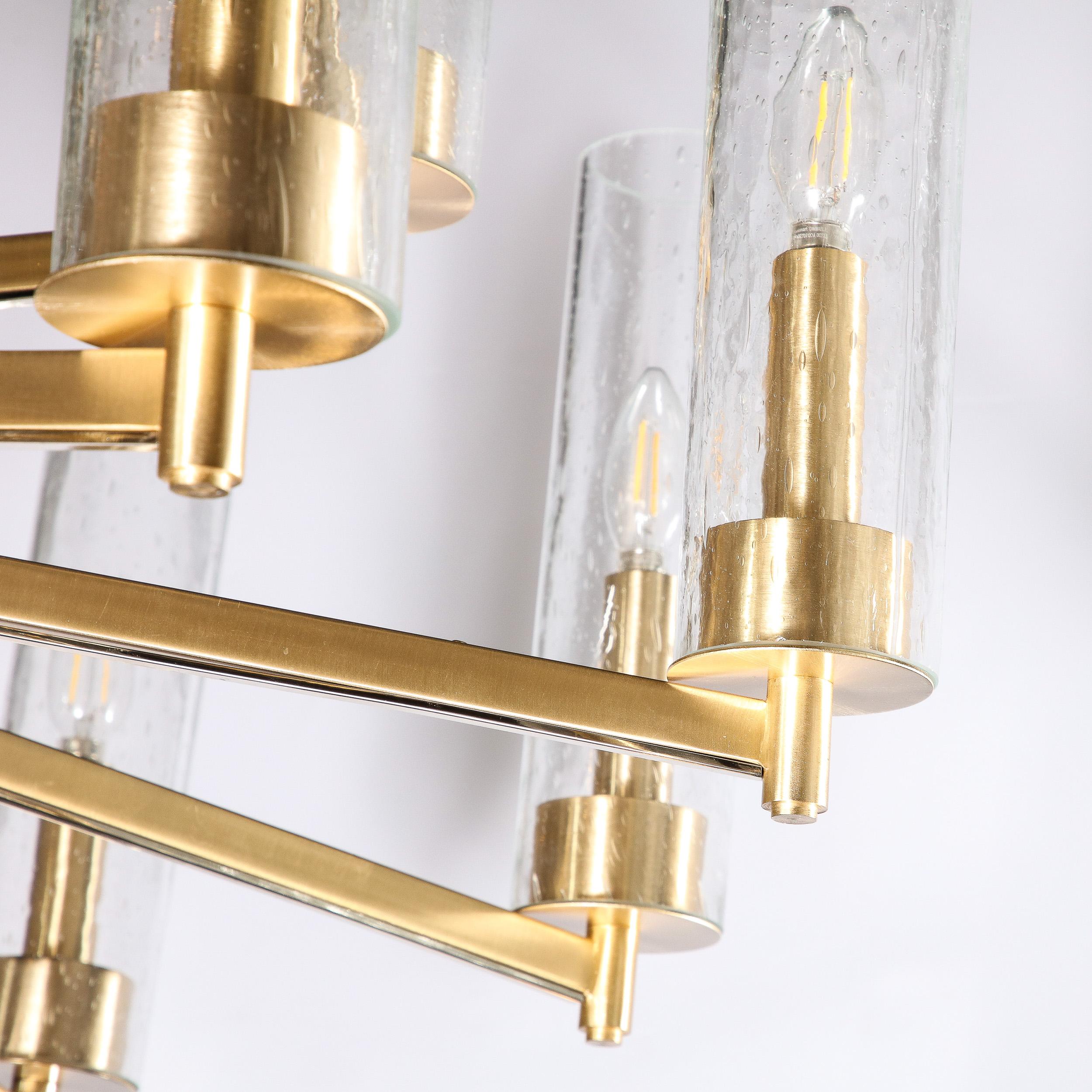 Modernist 15 Arm Chandelier in Brushed Brass & Transparent Cylindrical Shades For Sale 1