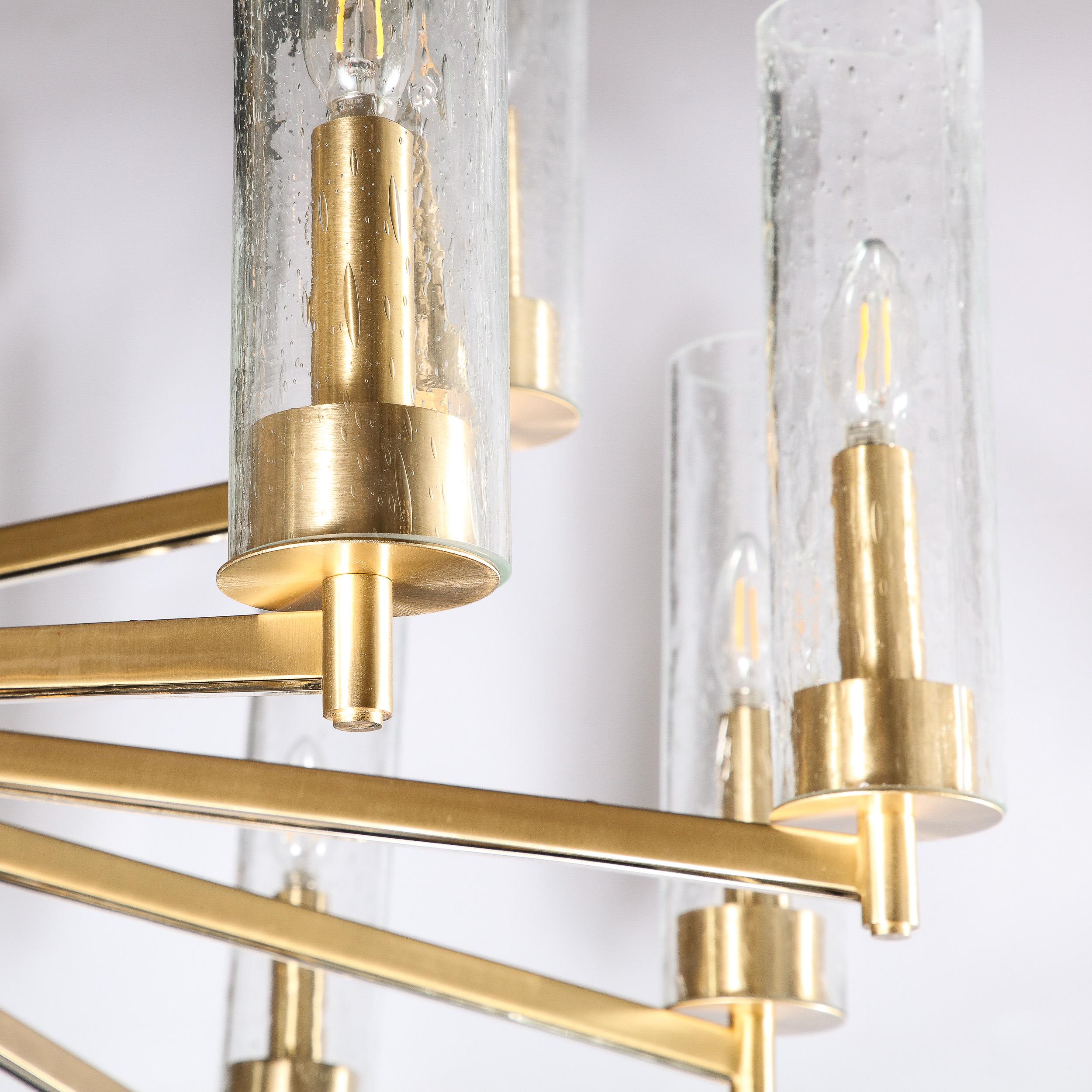 Modernist 15 Arm Chandelier in Brushed Brass & Transparent Cylindrical Shades For Sale 2