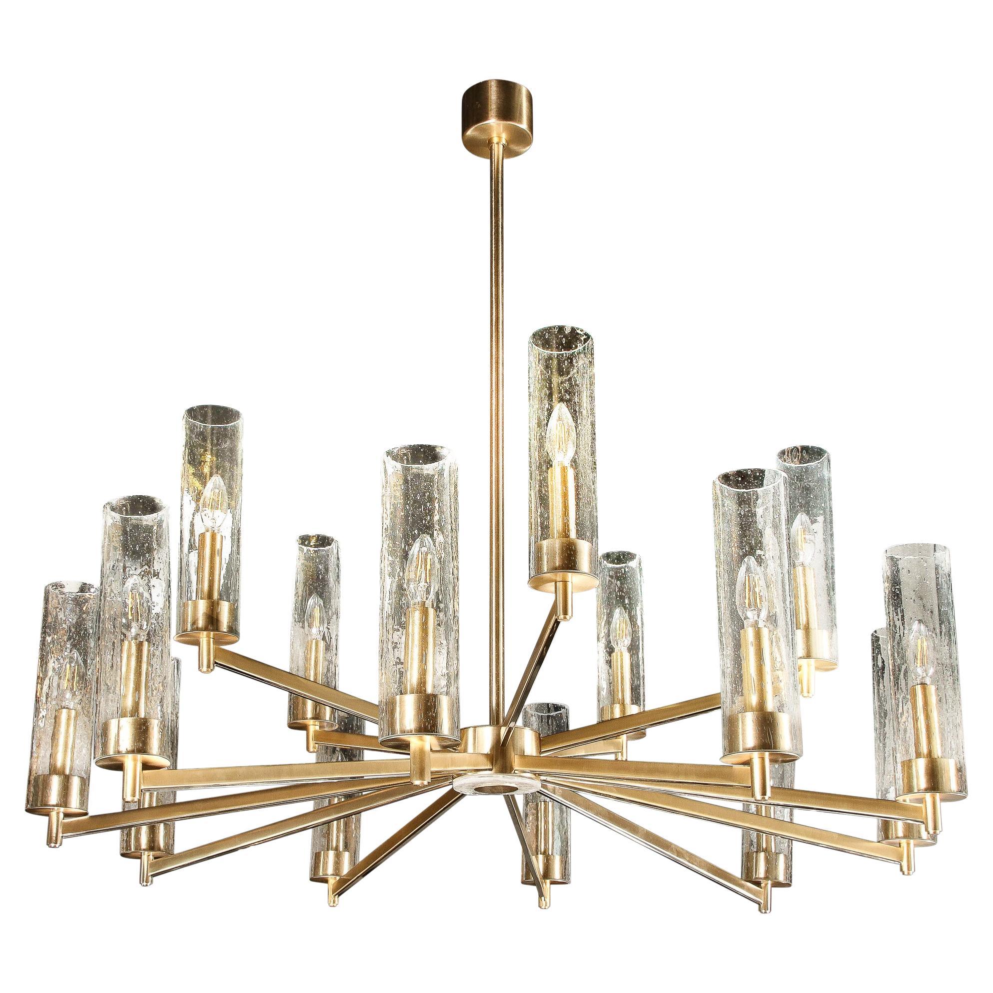 Modernist 15 Arm Chandelier in Brushed Brass & Transparent Cylindrical Shades For Sale