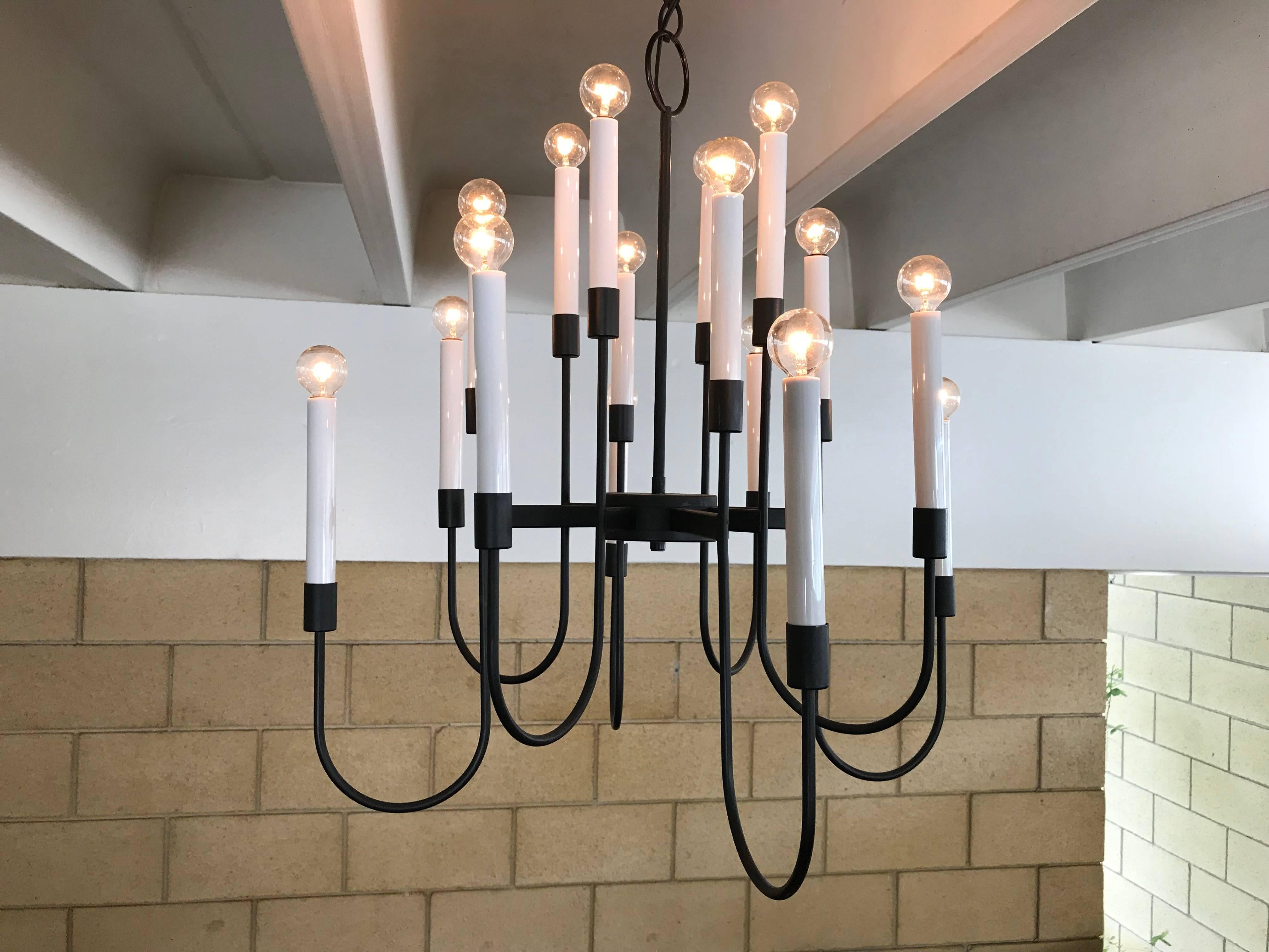 1960s Lightolier chandelier - these have 16 bulbs and any bulb style will work; round, candle-flame, frosted, etc. I prefer these with small round bulbs. The bulbs are included if you want them. The black enamel paint has some very hard-to-see