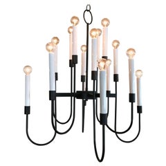 Lustre moderniste à 16 ampoules en émail noir de Lightolier:: années 1960