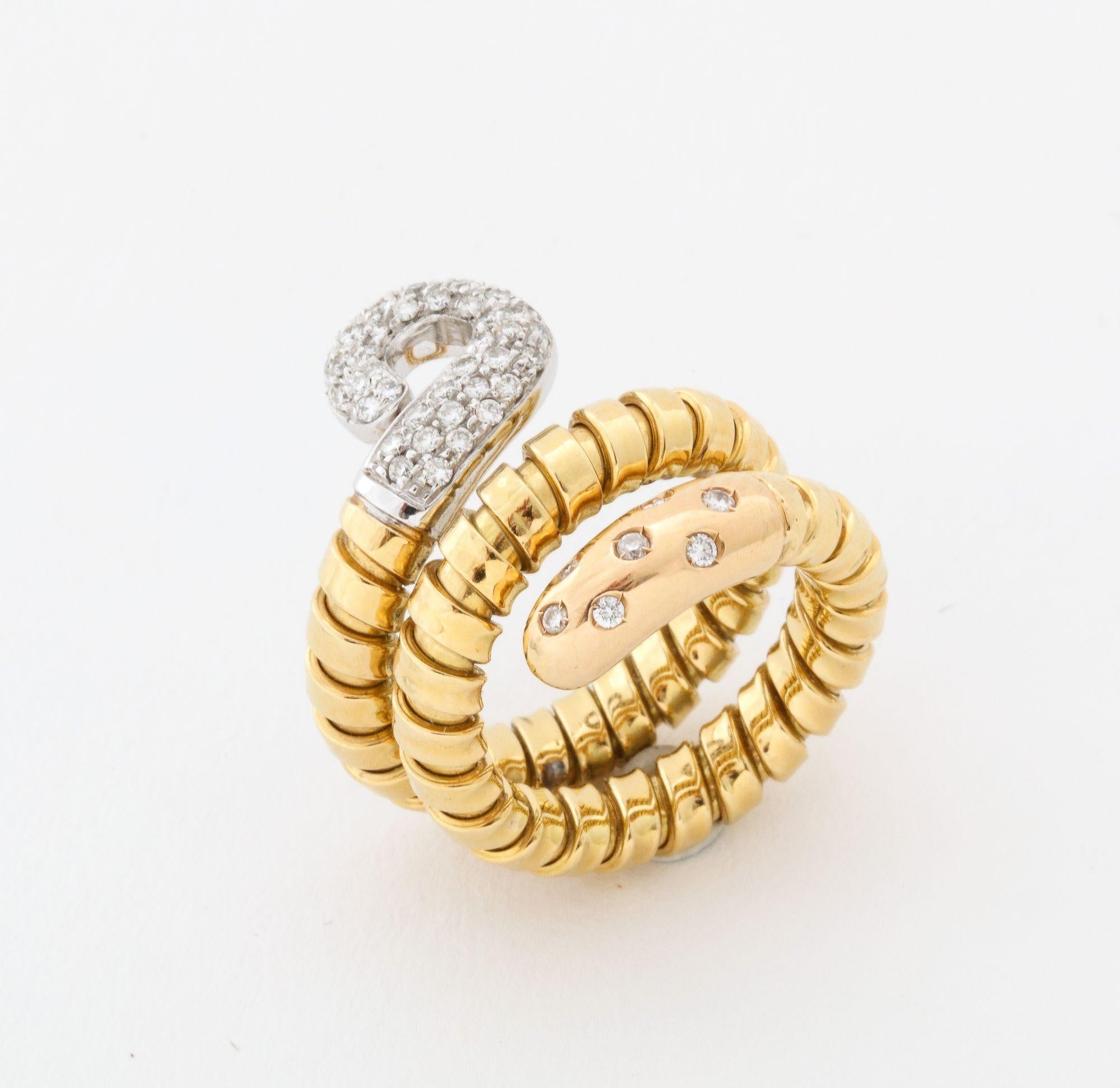 Modern  Gold Snake  Tubogas Ring With Diamond Head And Tail 18K For Sale