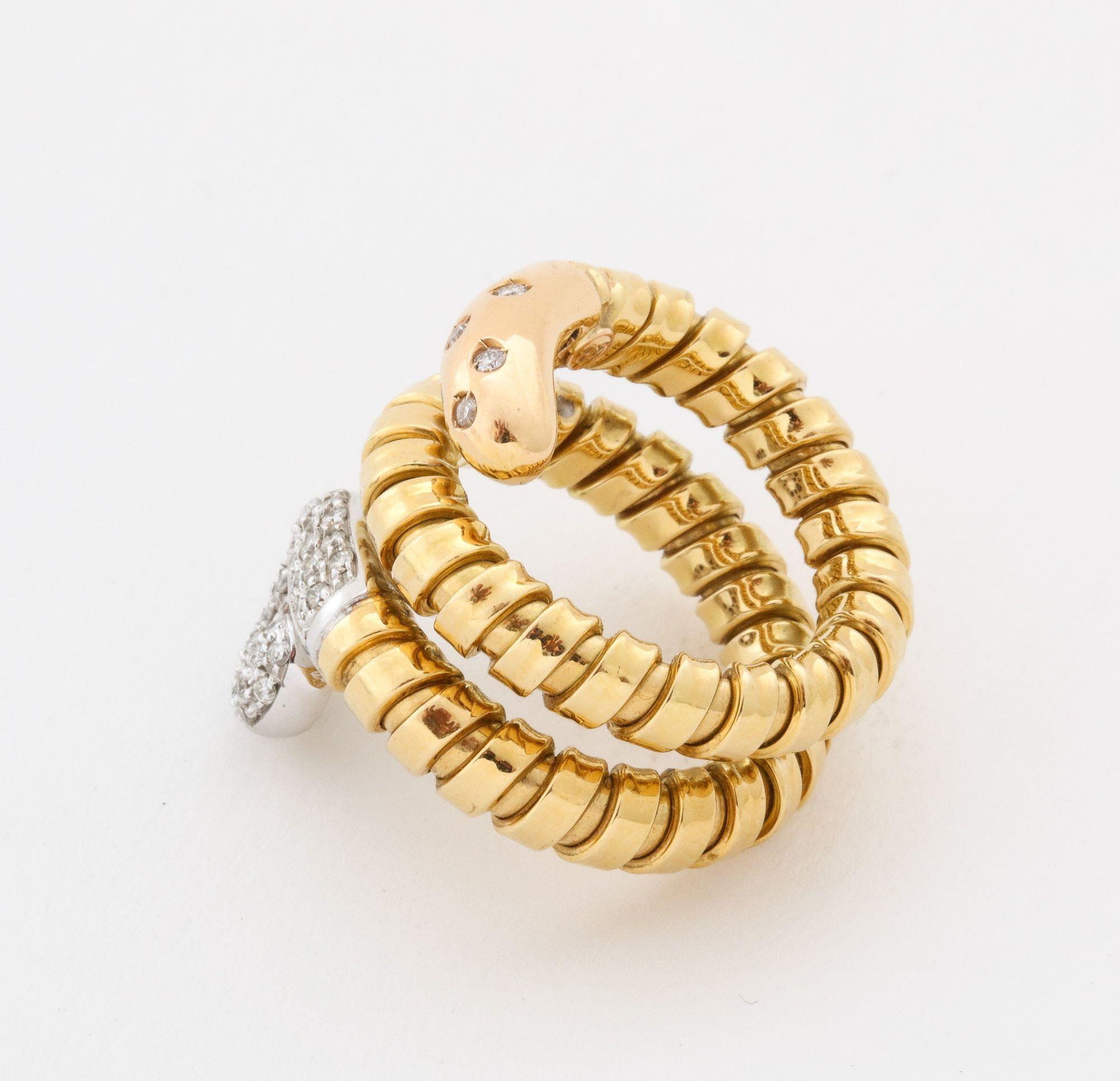 Old European Cut  Gold Snake  Tubogas Ring With Diamond Head And Tail 18K For Sale