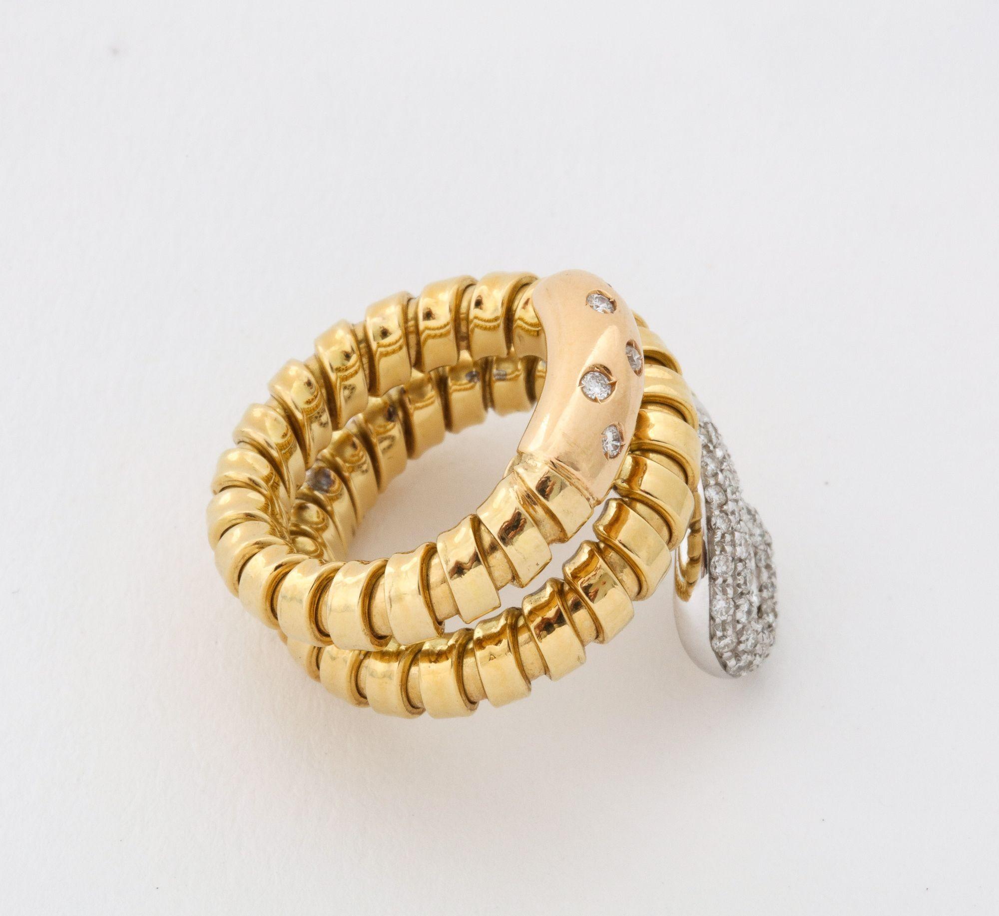  Gold Snake  Tubogas Ring With Diamond Head And Tail 18K For Sale 1