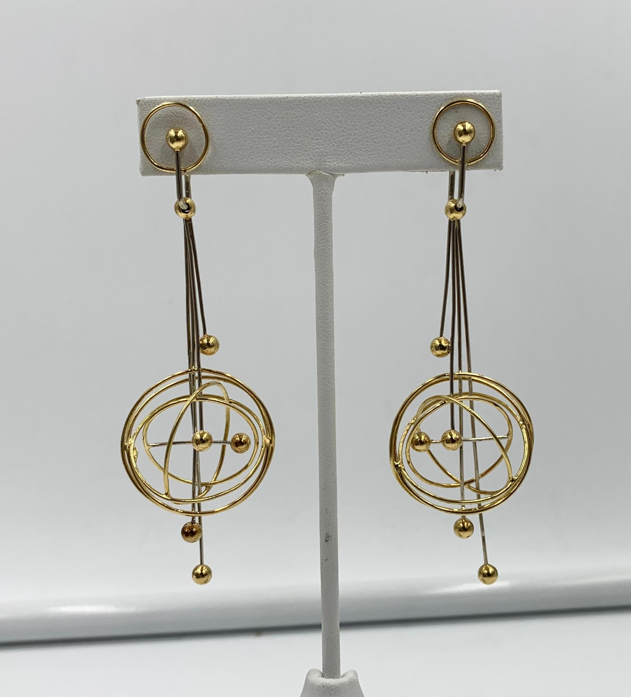 Women's Modernist 18 Karat Gold Dangle Drop Earrings Sputnik Retro For Sale