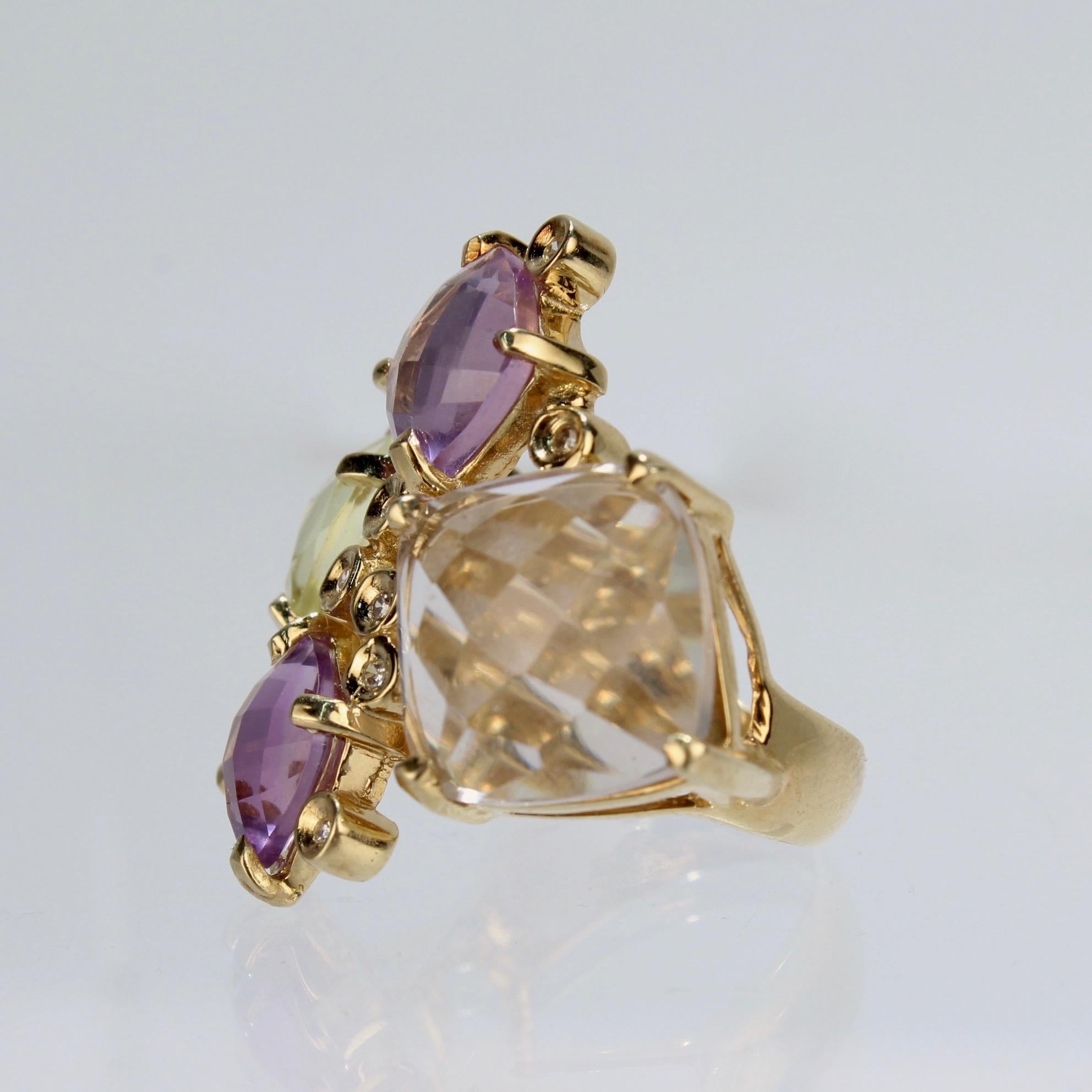 Modernist 18 Karat Gold Citrine Amethyst and Diamond Cluster Cocktail Ring In Good Condition In Philadelphia, PA