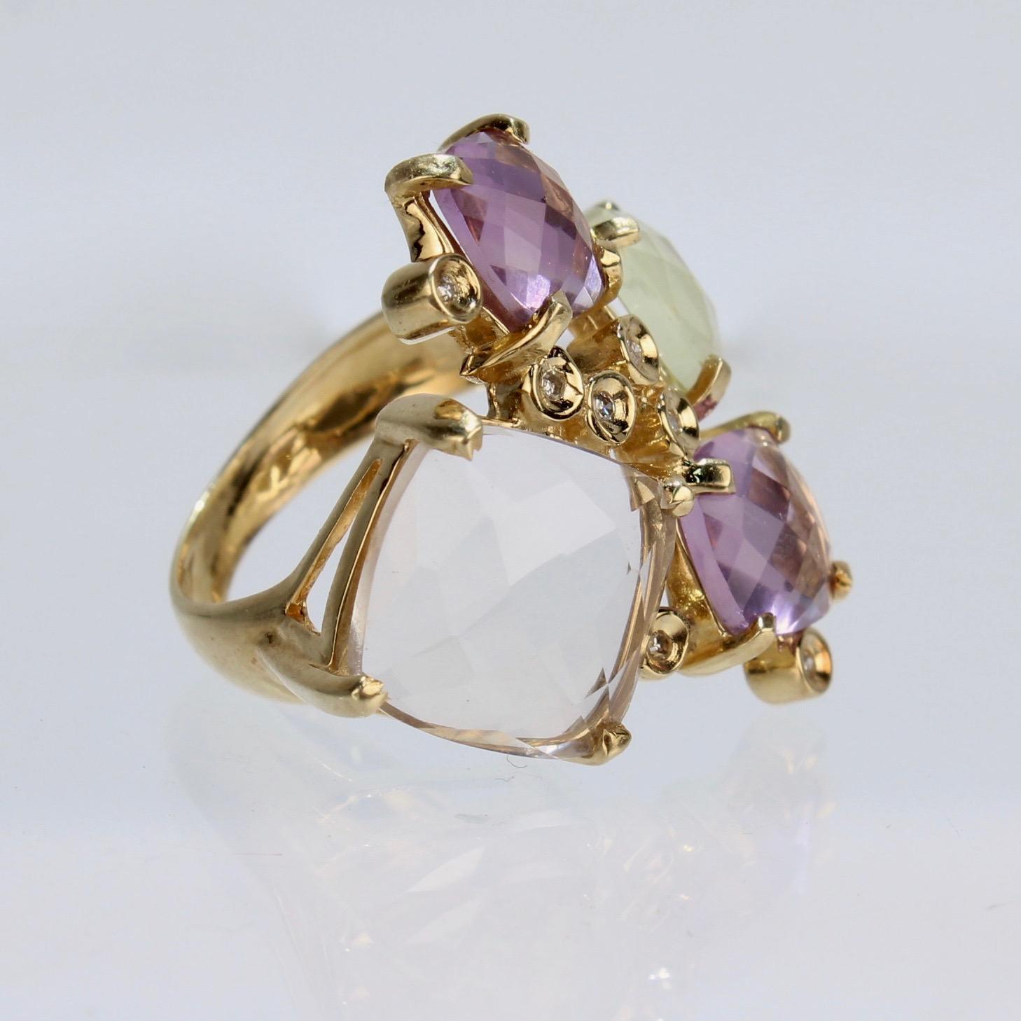 Women's Modernist 18 Karat Gold Citrine Amethyst and Diamond Cluster Cocktail Ring