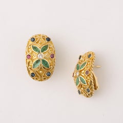 Modernist 18 Karat Gold Earrings W/ Emeralds, Diamonds, Rubies, & Sapphires
