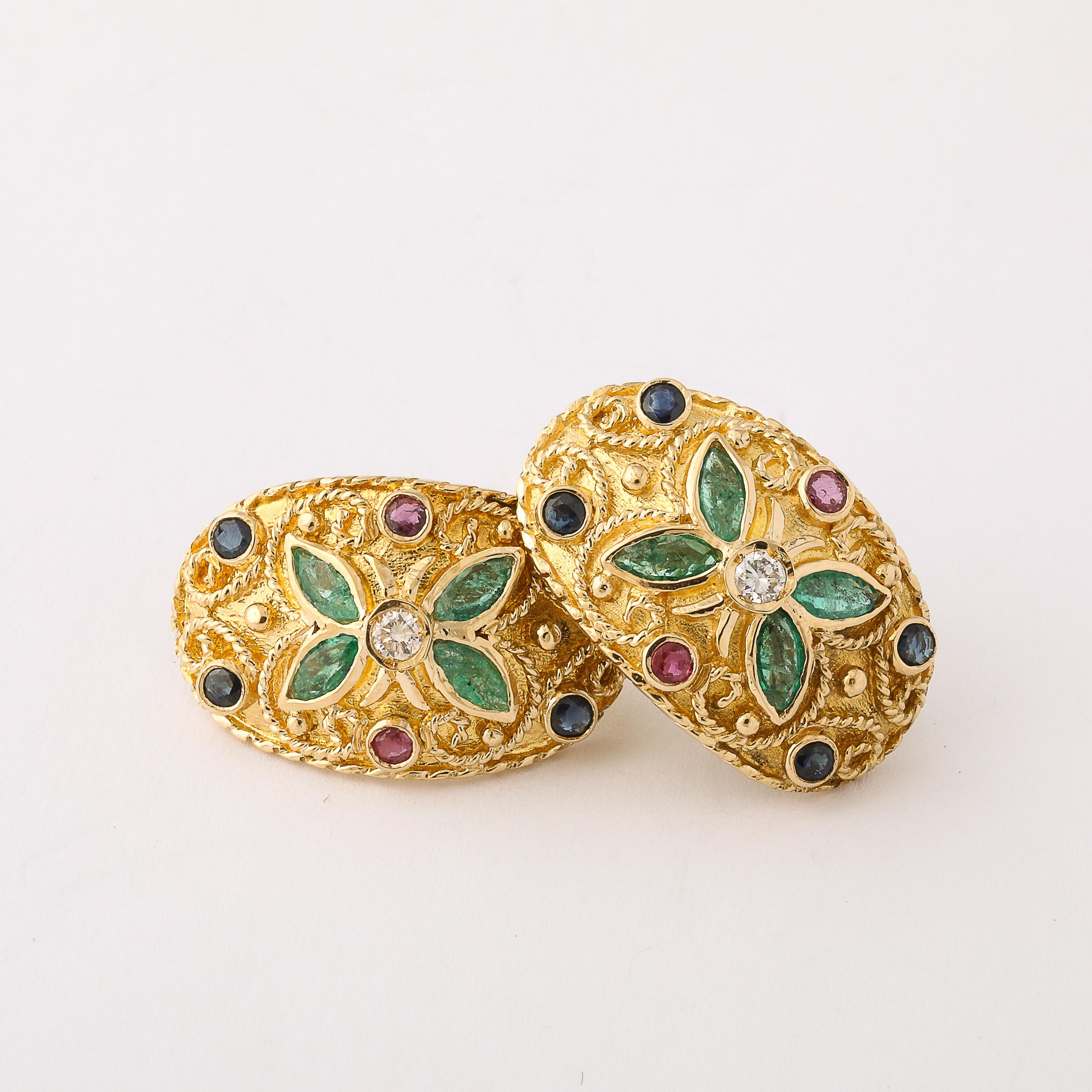 Round Cut Modernist 18 Karat Gold Earrings W/ Emeralds, Diamonds, Rubies, & Sapphires For Sale