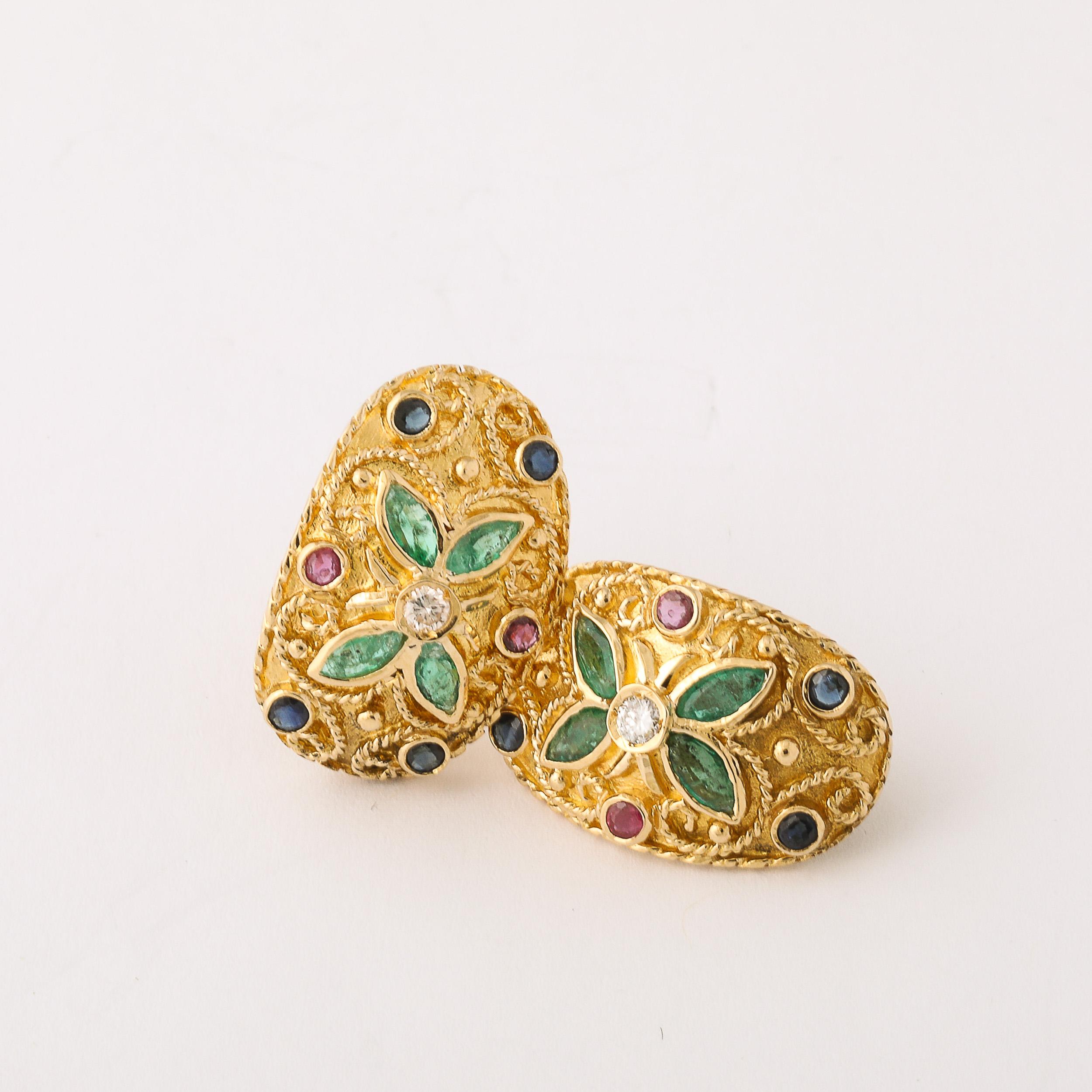 Modernist 18 Karat Gold Earrings W/ Emeralds, Diamonds, Rubies, & Sapphires In Excellent Condition For Sale In New York, NY