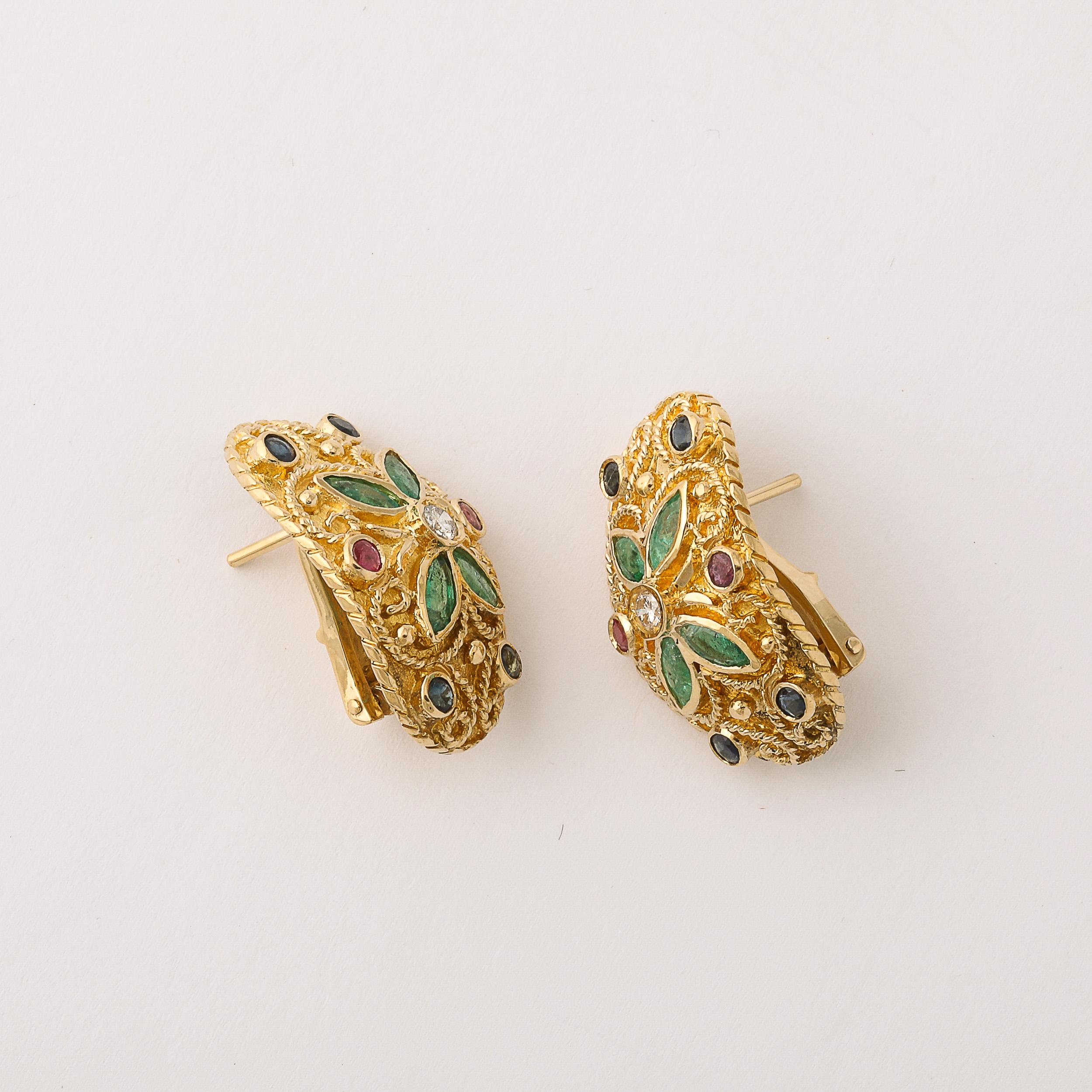 Women's or Men's Modernist 18 Karat Gold Earrings W/ Emeralds, Diamonds, Rubies, & Sapphires For Sale