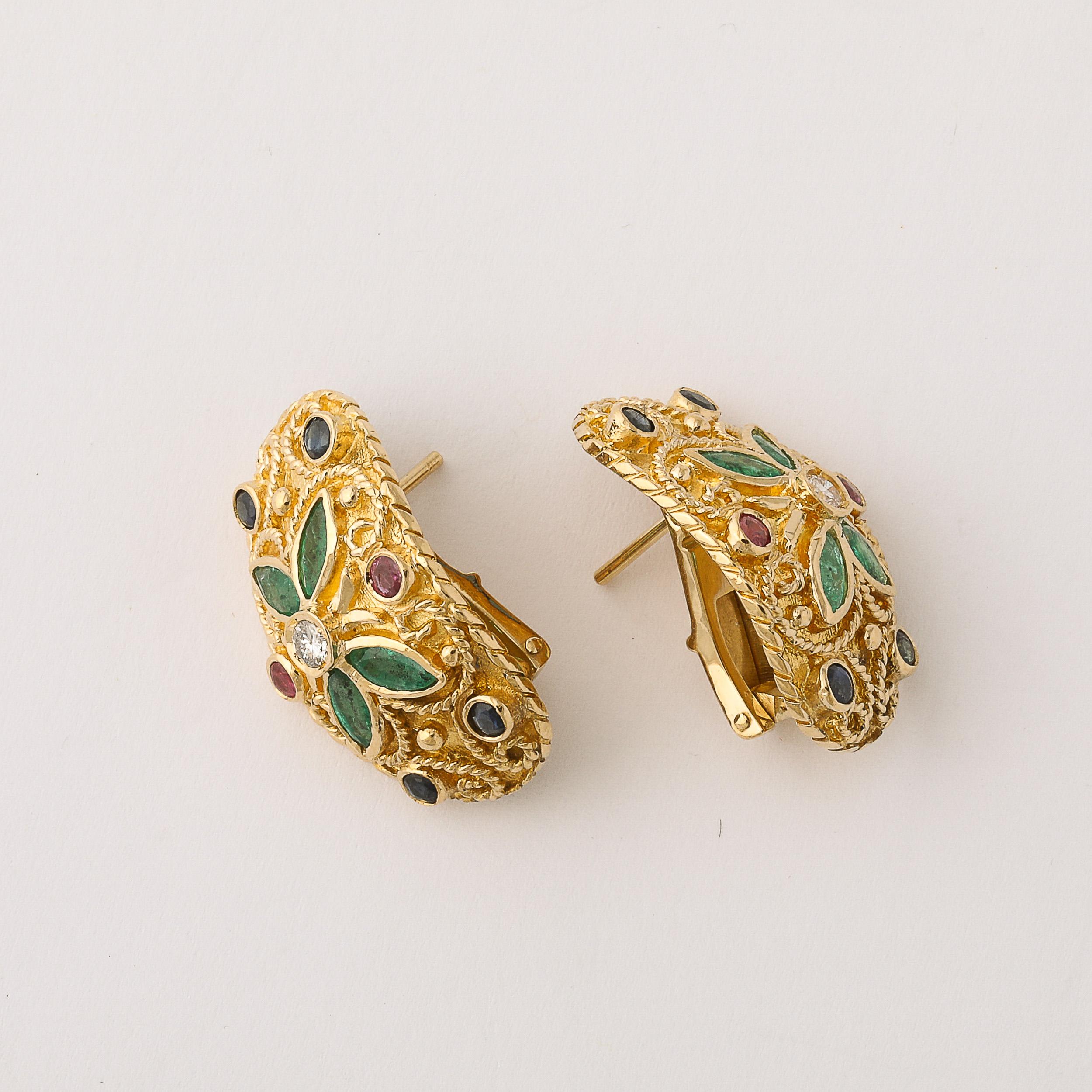 Modernist 18 Karat Gold Earrings W/ Emeralds, Diamonds, Rubies, & Sapphires For Sale 1