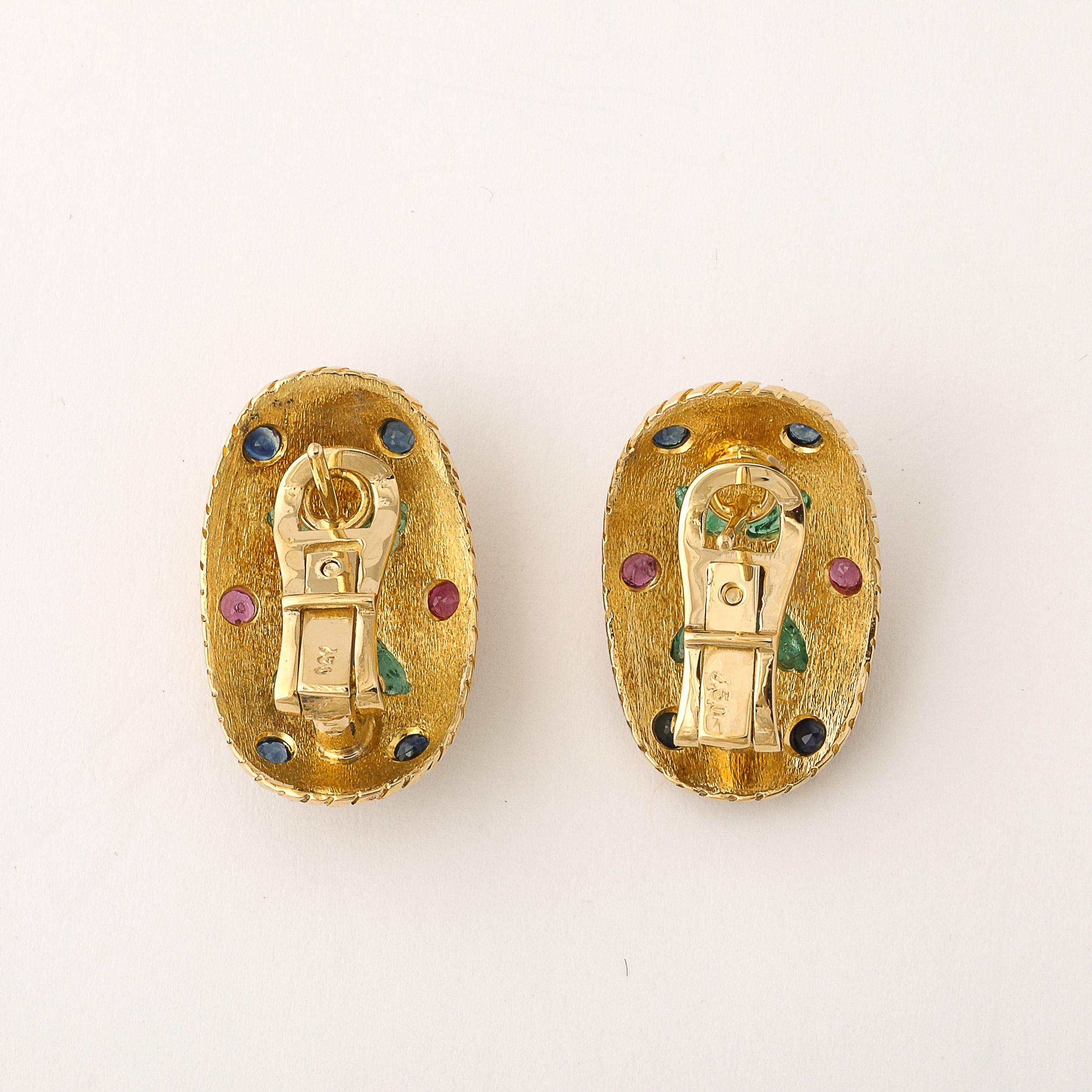 Modernist 18 Karat Gold Earrings W/ Emeralds, Diamonds, Rubies, & Sapphires For Sale 2