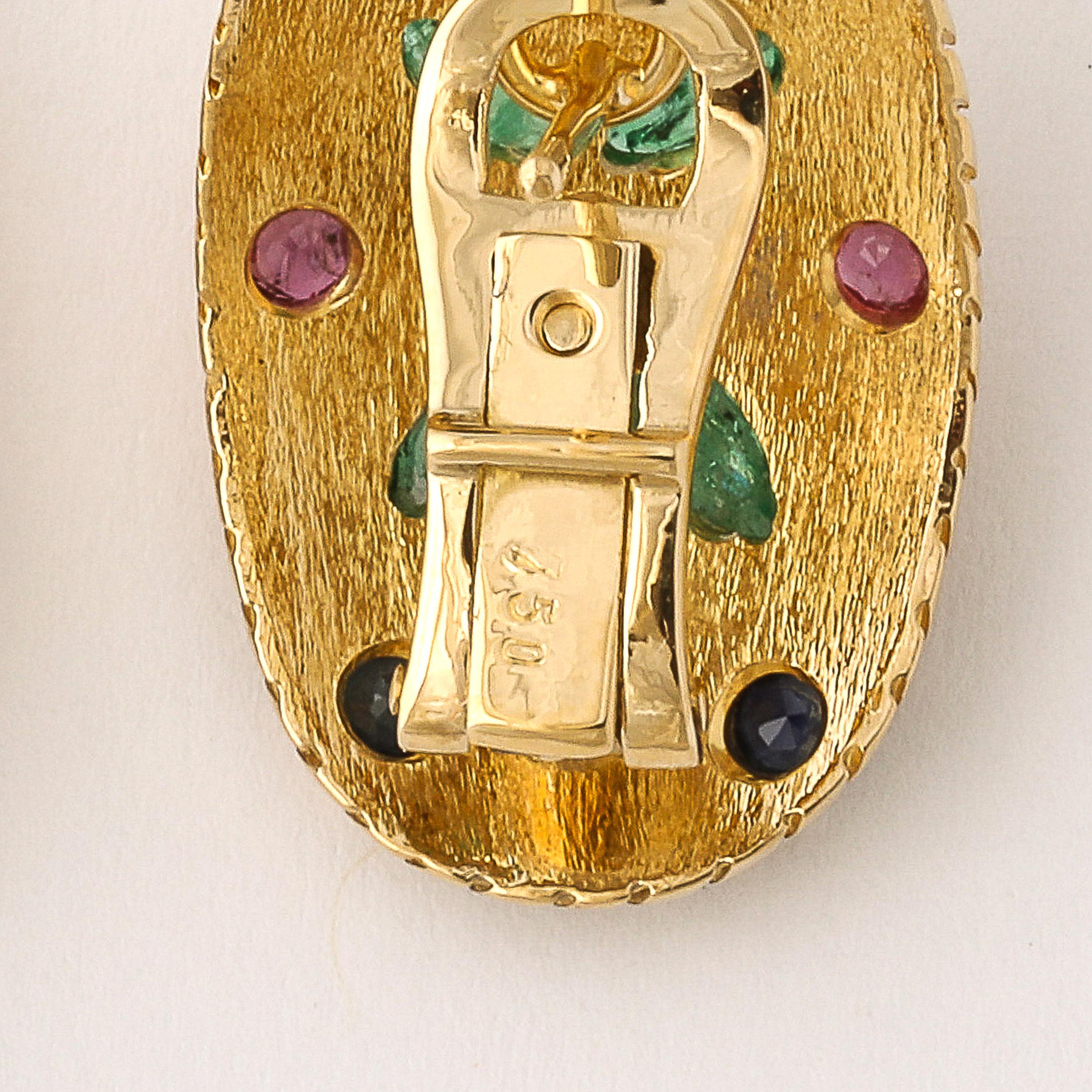 Modernist 18 Karat Gold Earrings W/ Emeralds, Diamonds, Rubies, & Sapphires For Sale 3