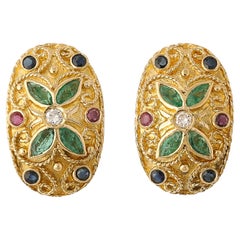 Modernist 18 Karat Gold Earrings W/ Emeralds, Diamonds, Rubies, & Sapphires