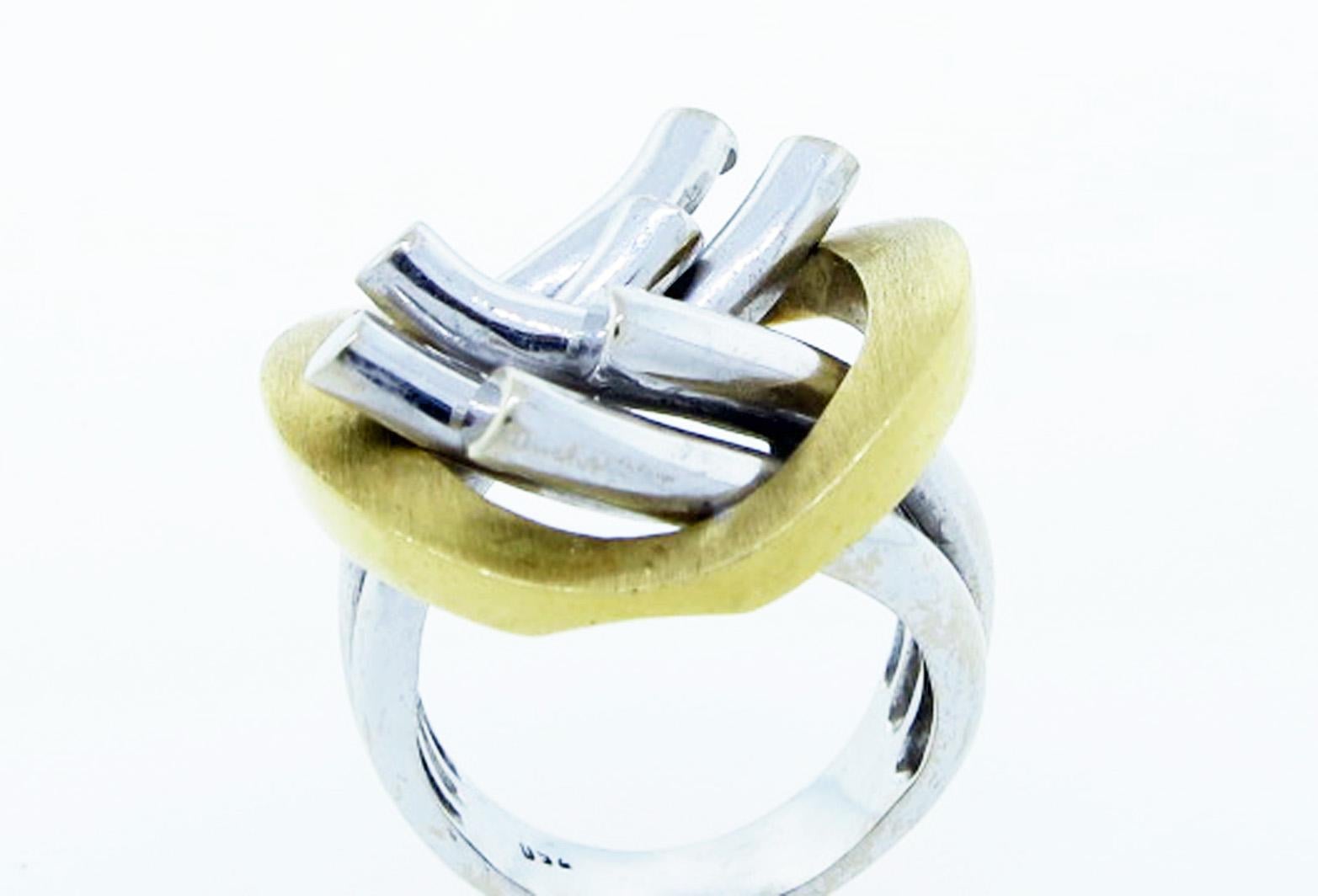 Artisan Modernist 18 Karat Yellow and White Gold Ring For Sale
