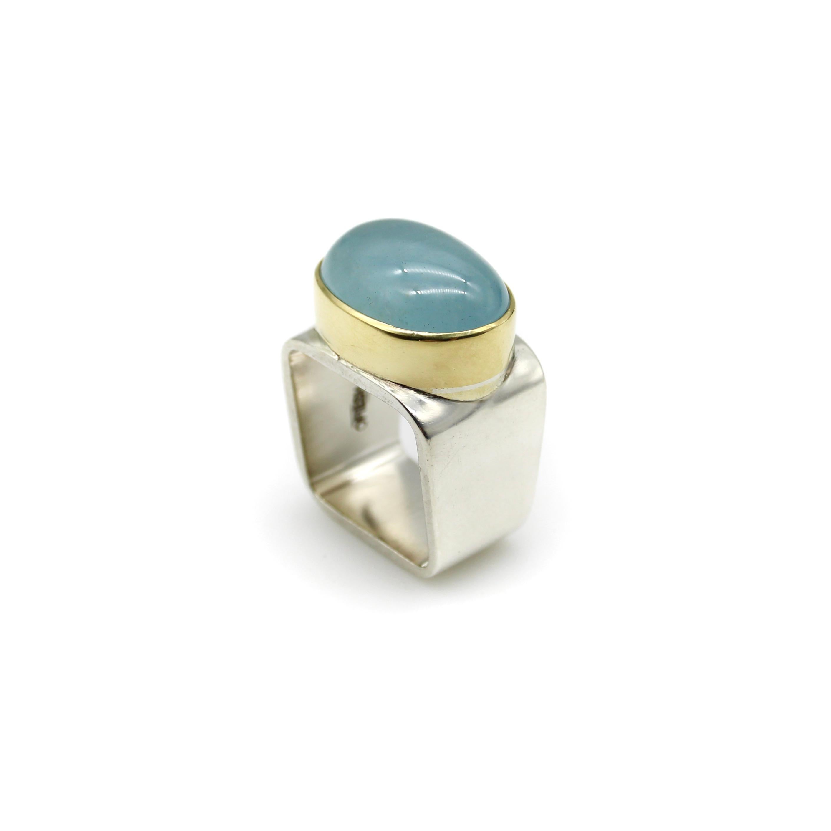 Cabochon Modernist 18K Gold and Sterling Silver Ofiesh Aquamarine Ring  For Sale