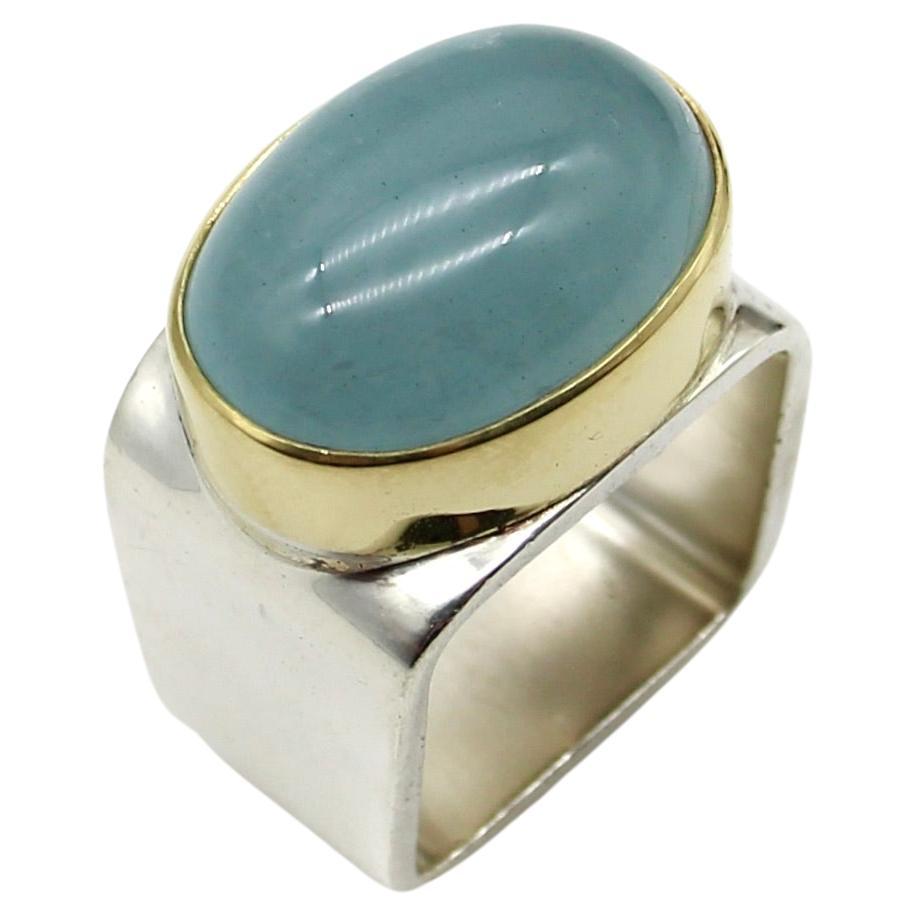 Modernist 18K Gold and Sterling Silver Ofiesh Aquamarine Ring 