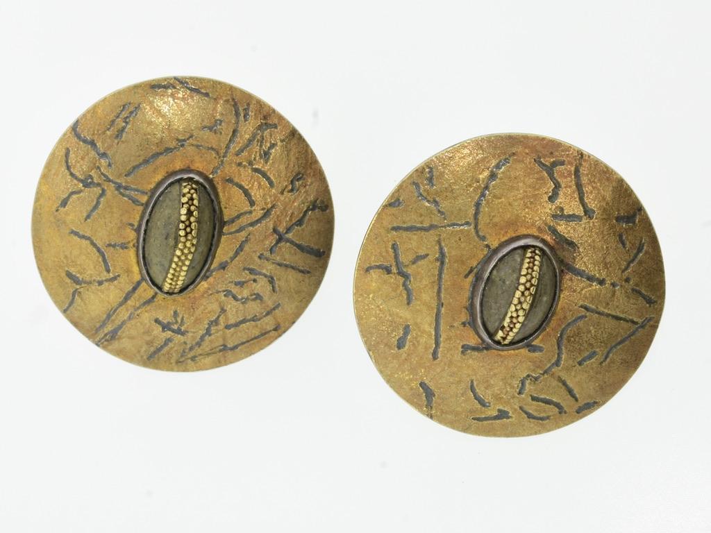 Women's or Men's Modernist 18K Gold & Oxidized Sterling Silver Earrings, by H. O'Connor,  c 2000 For Sale